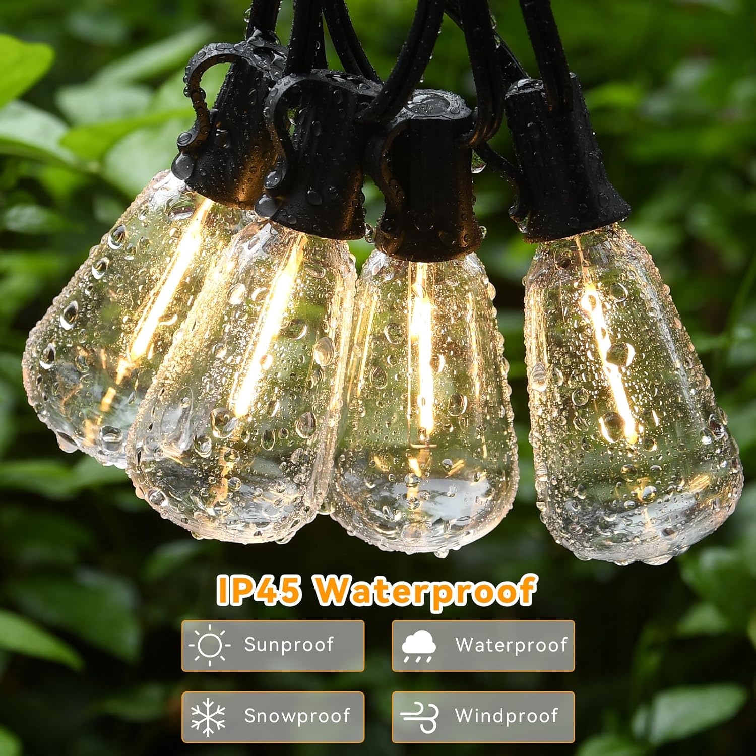 Paquete de 1 tira de luces para exteriores de 120 pies, impermeable, con 62 bombillas LED regulables inastillables, aprobación UL, ST38, bombillas