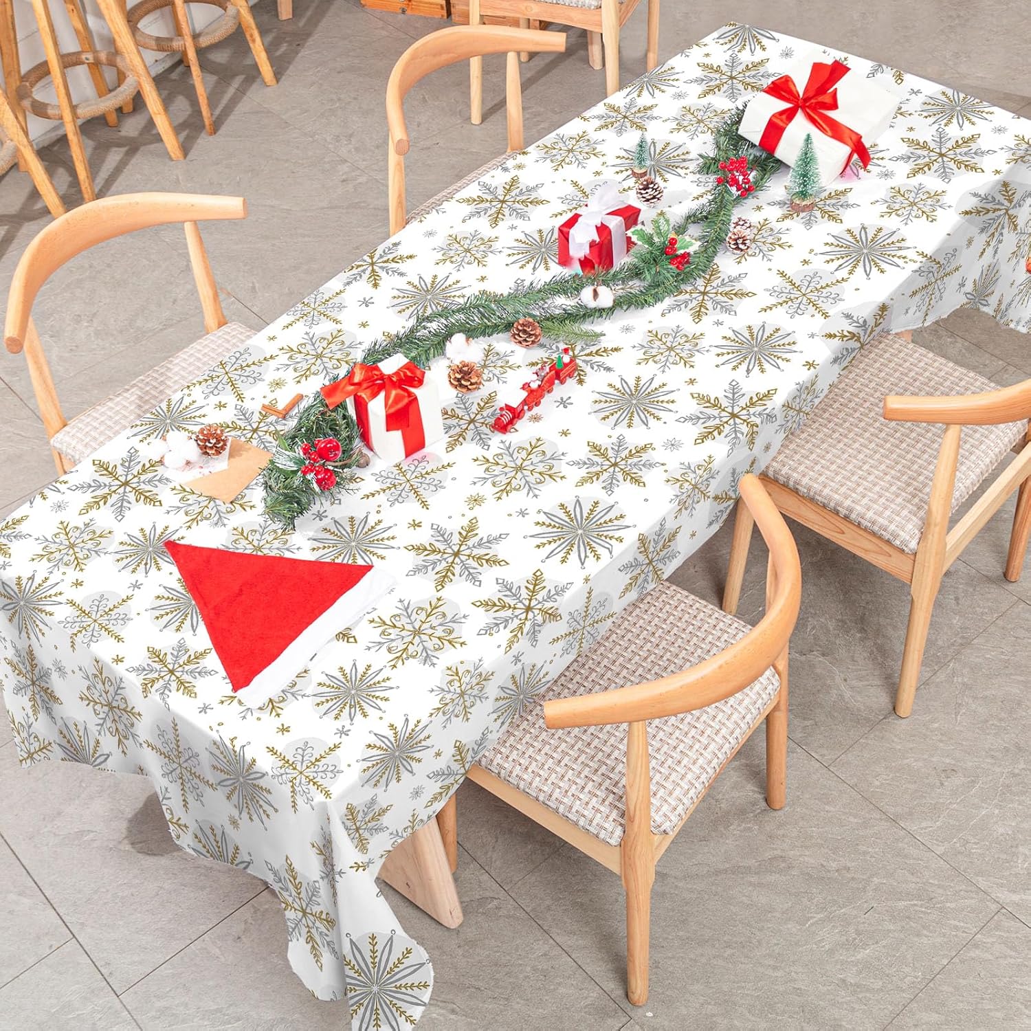 AnyDesign Mantel de Navidad de invierno, mantel de copo de nieve dorado y plateado, lavable, para Navidad, invierno, vacaciones, fiesta, picnic,