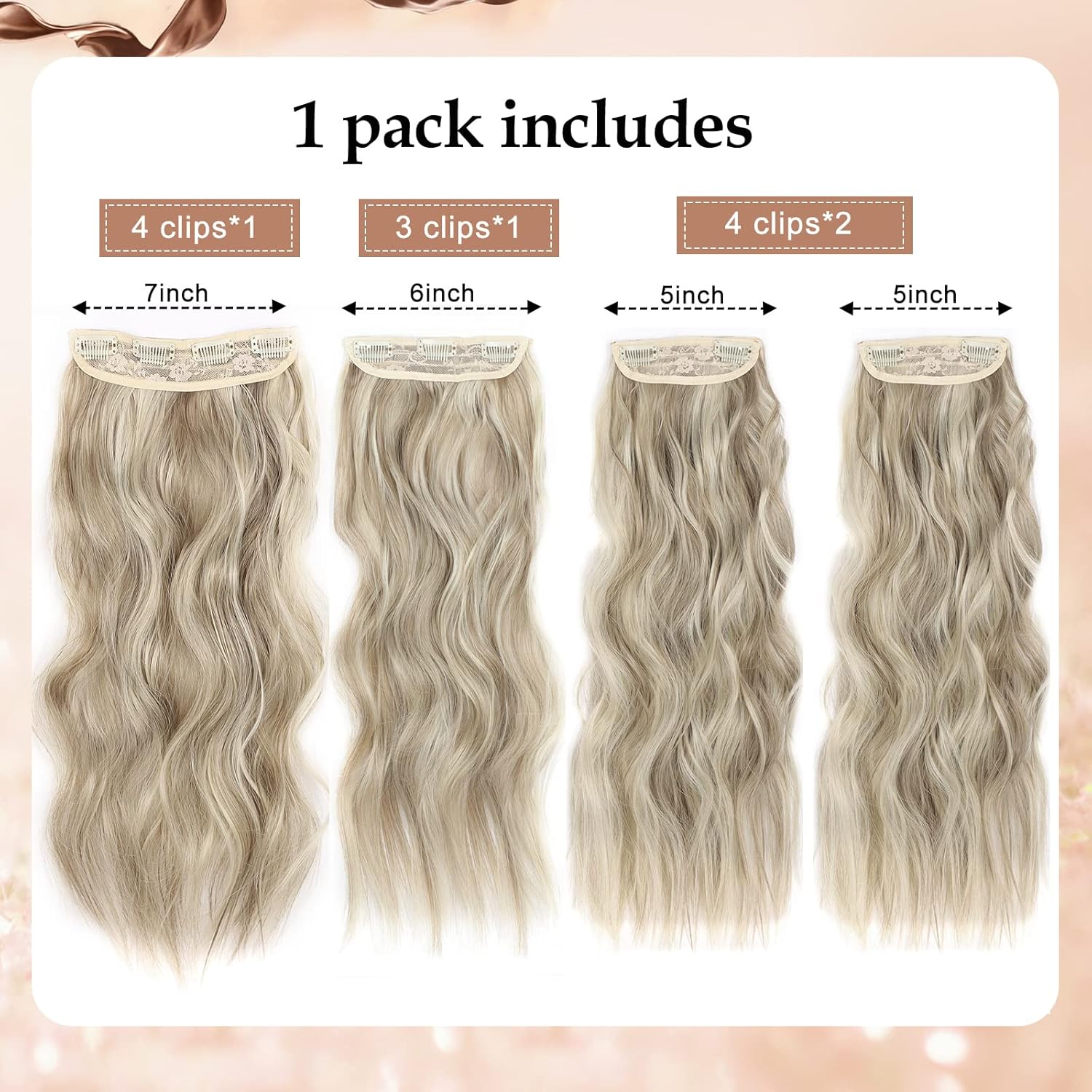4 extensiones de cabello rizado con clip, color dorado oscuro, mezcla de rubio beige, sintético de 20 pulgadas, extensiones de cabello ondulado