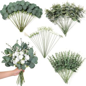110 piezas de 7 tipos de tallos de eucalipto artificiales mixtos y flores sintéticas, tallos de hojas de eucalipto de dólar de plata falsas, ramas 110 piezas de 7 tipos de tallos de eucalipto artificiales mixtos y flores sintéticas, tallos de hojas de eucalipto de dólar de plata falsas, ramas