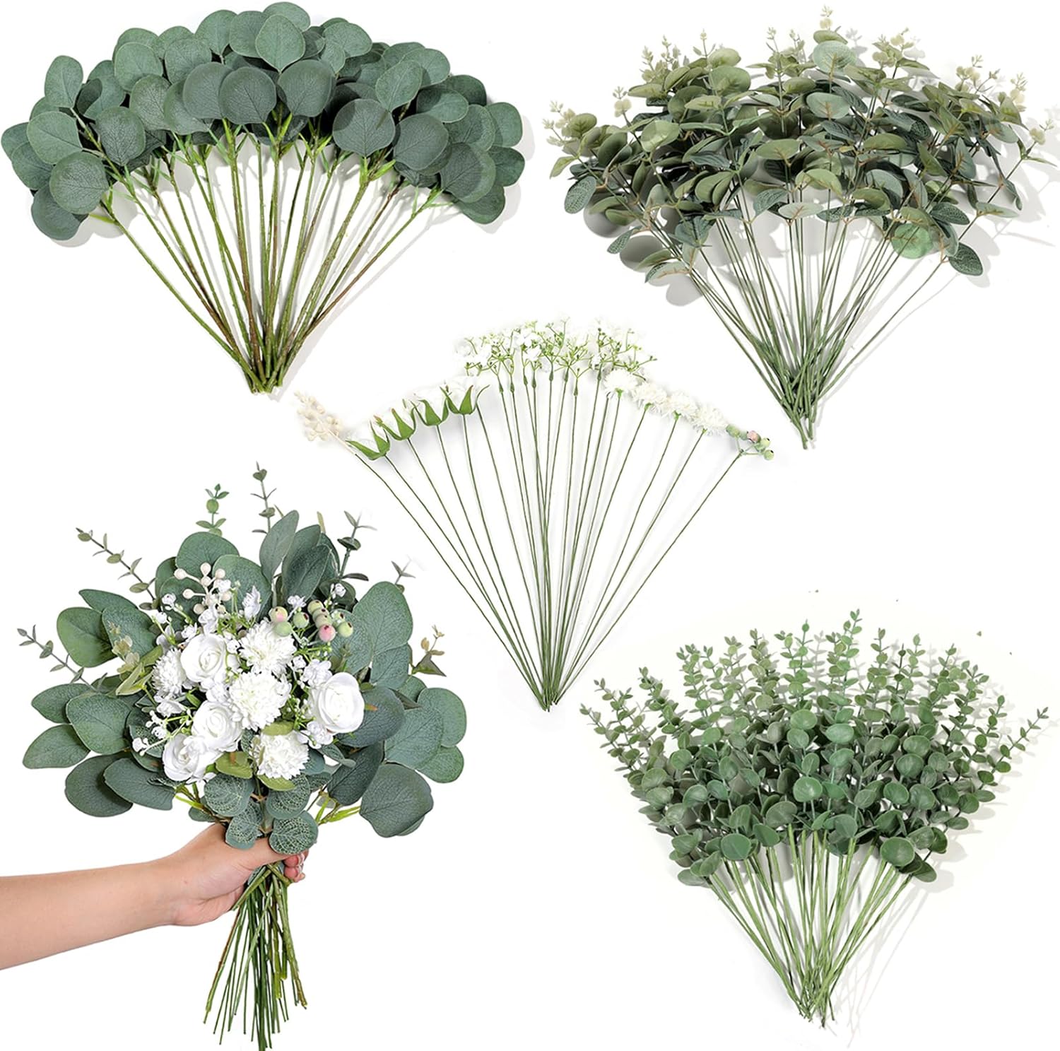 110 piezas de 7 tipos de tallos de eucalipto artificiales mixtos y flores sintéticas, tallos de hojas de eucalipto de dólar de plata falsas, ramas