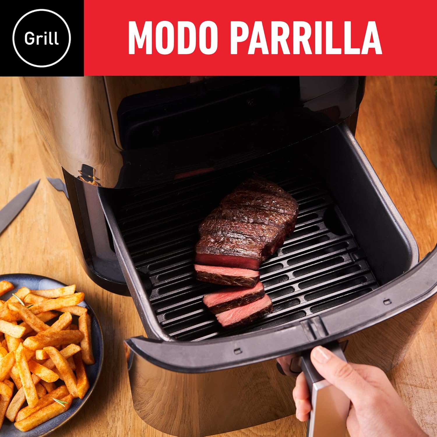 T-Fal Freidora de Aire con Parrilla Easy Fry & Grill con Antiadherente 4.2 L 1450 W Inoxidable EY505850, 8 programas automáticos