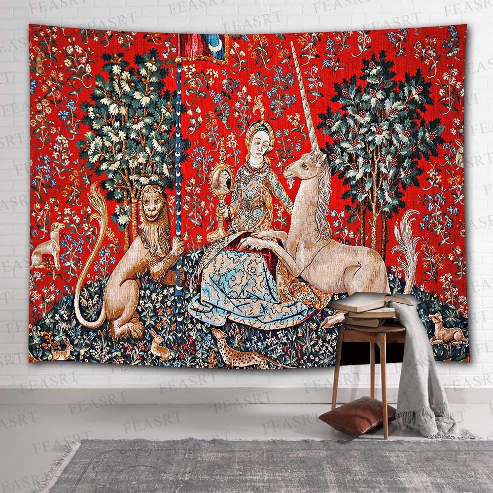 FEASRT Tapiz medieval de princesa europeo, tapiz real de La doncella y el unicornio, 80 x 60 pulgadas, para dormitorio, sala de estar, dormitorio,
