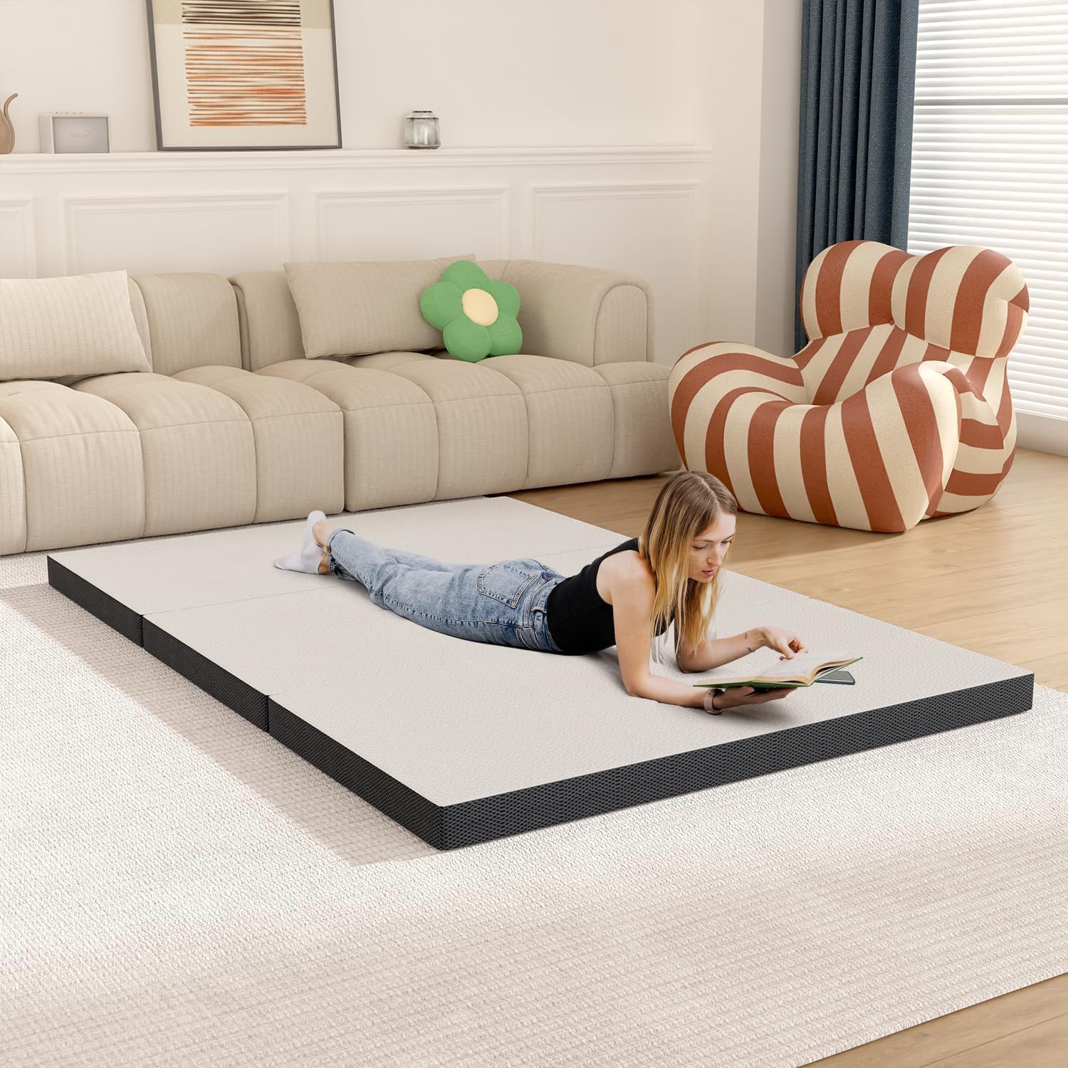 Colchón plegable de espuma viscoelástica tamaño individual, colchón triple de 3 pulgadas, colchón de piso individual con funda lavable, certificado