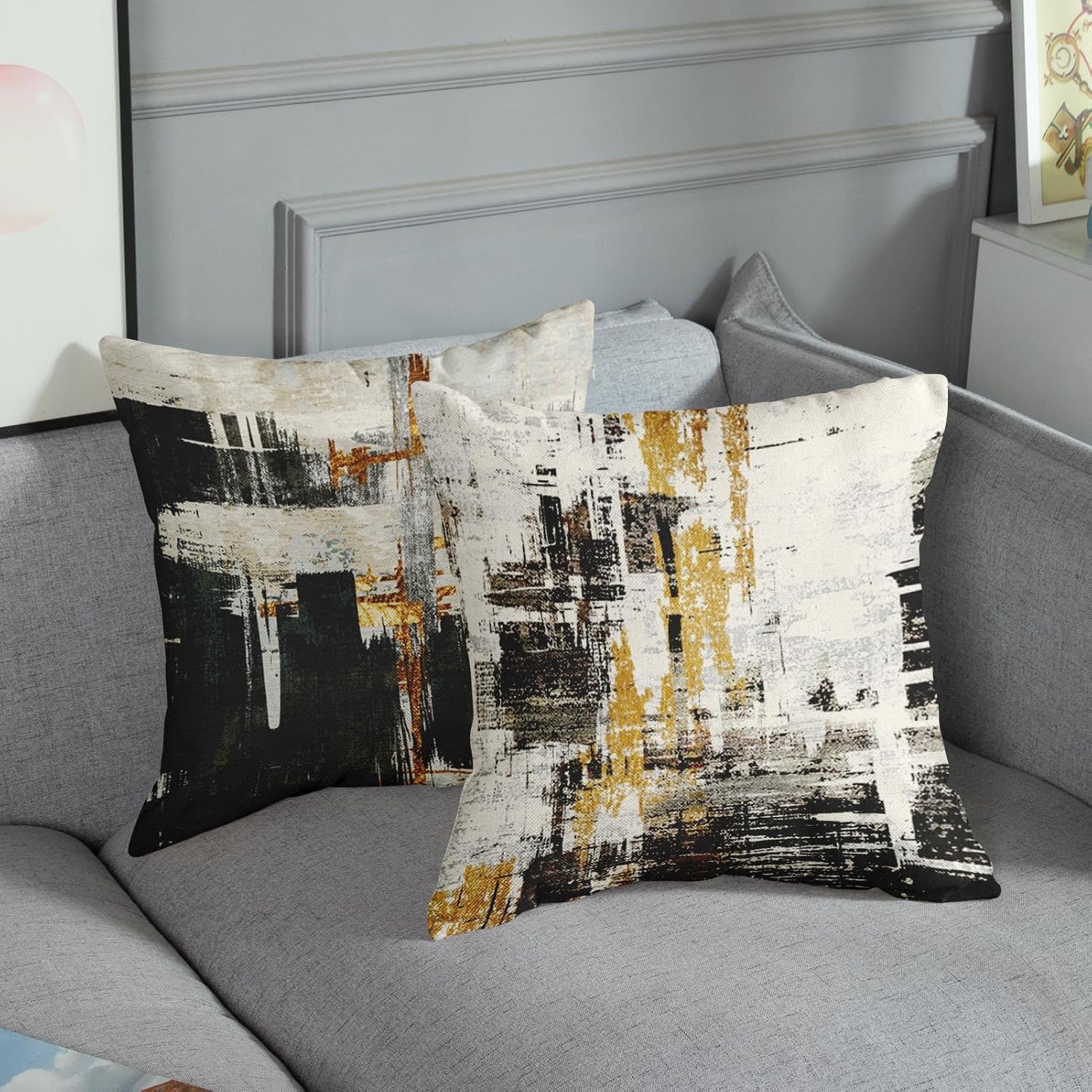 Juego de 4 fundas de almohada decorativas para decoración del hogar, diseño abstracto negro y dorado, fundas de almohada decorativas de 18 x 18