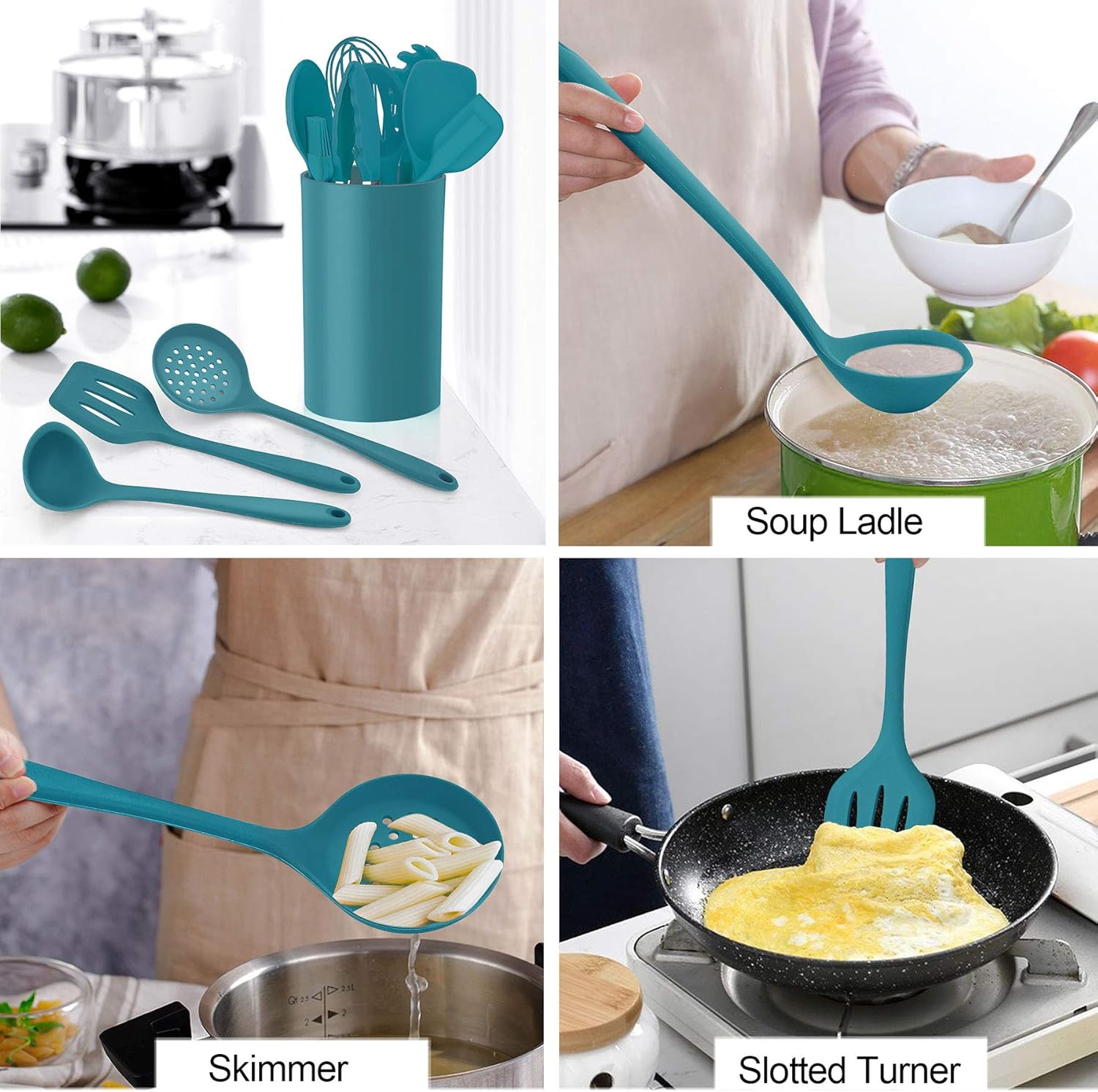 LIANYU Juego de utensilios de cocina de silicona de 12 piezas con soporte, herramientas de cocina que incluyen espátula ranurada, cuchara, cucharón,
