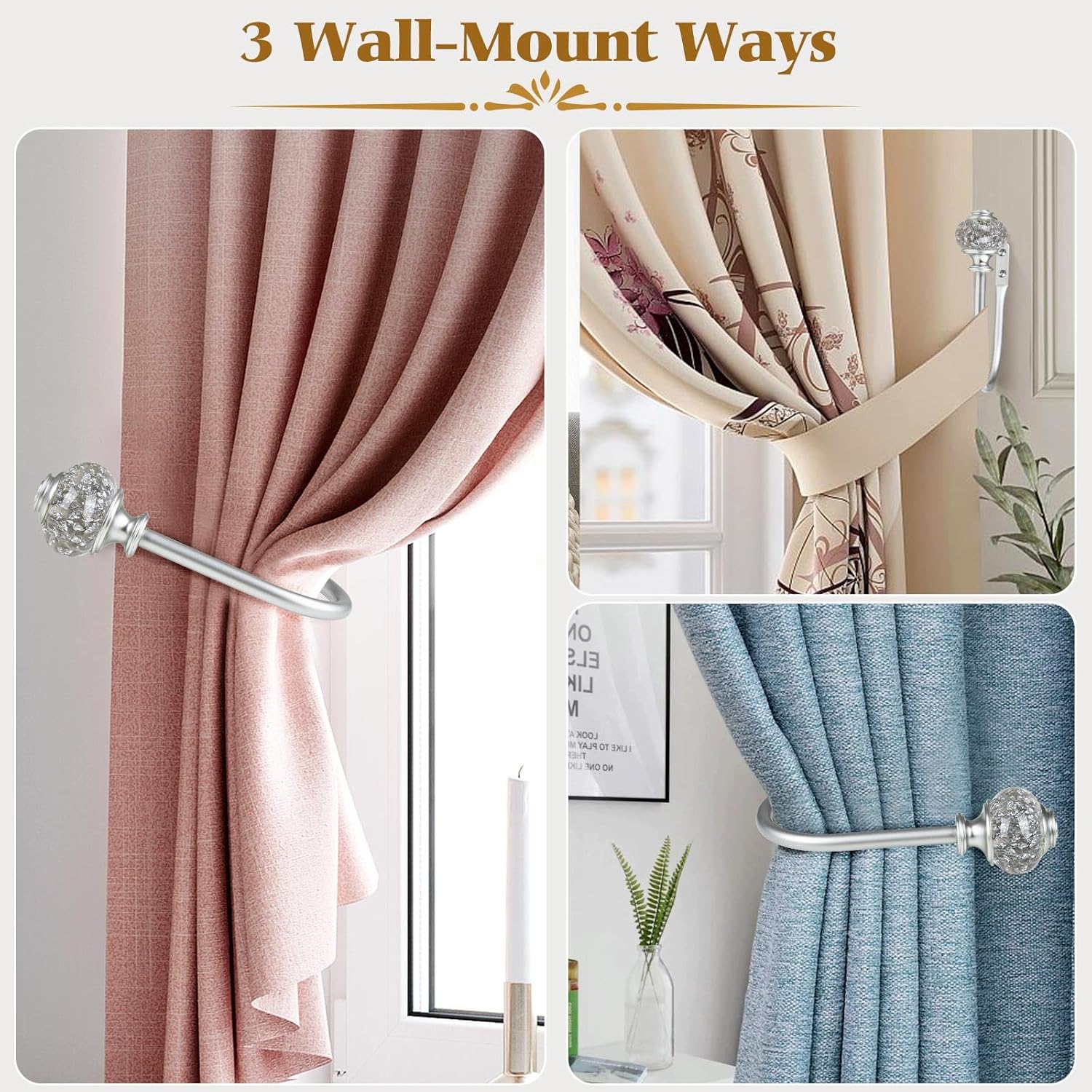 Paquete de 2 soportes plateados para cortinas, alzapaños decorativos para cortinas, ganchos para pared con remates translúcidos (6.1 pulgadas de