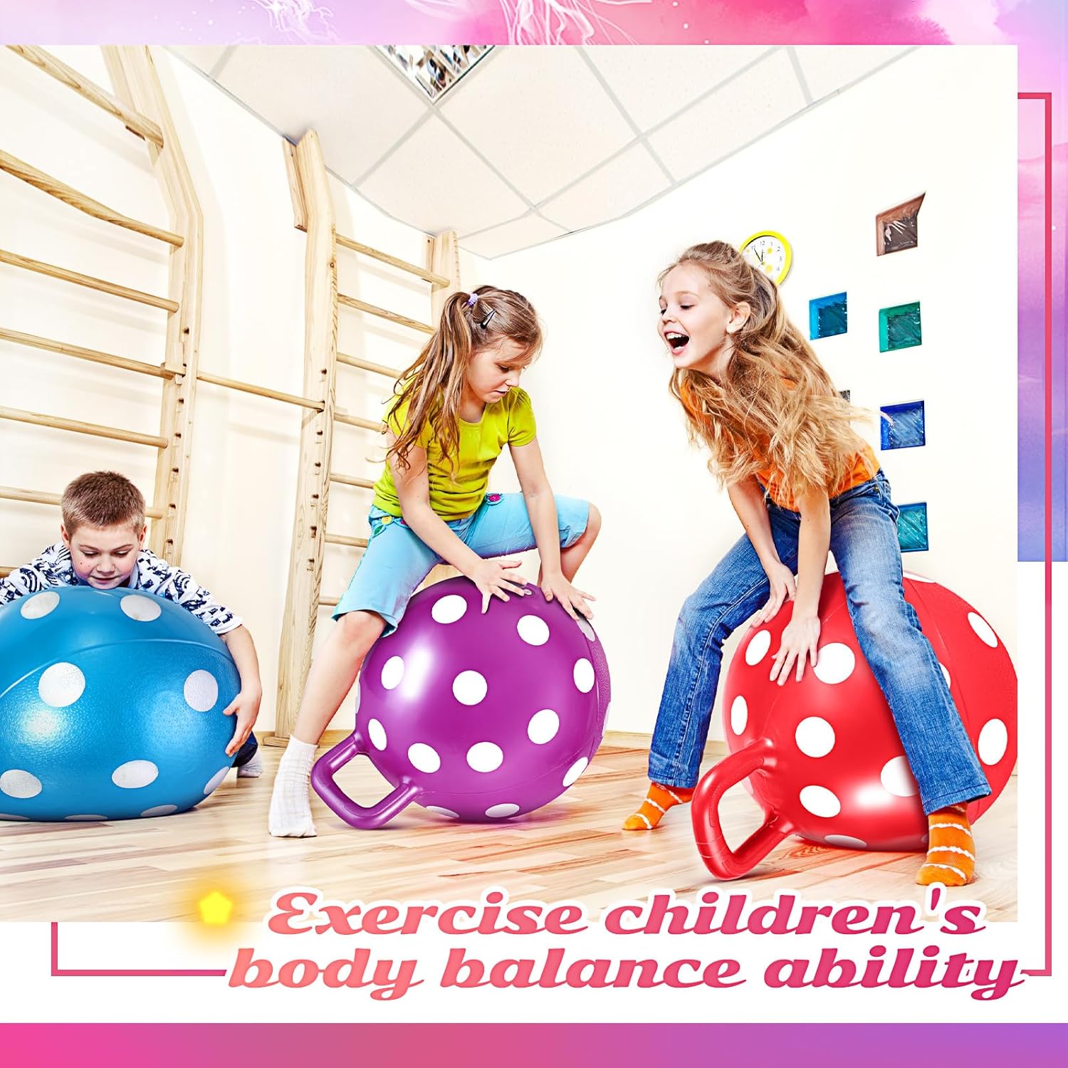 Pelota de tolva para niños de 4 a 8 años con asa, bola de salto de 18 pulgadas, bola de salto para sentarse y rebotar, bolas de rebote hippity hop