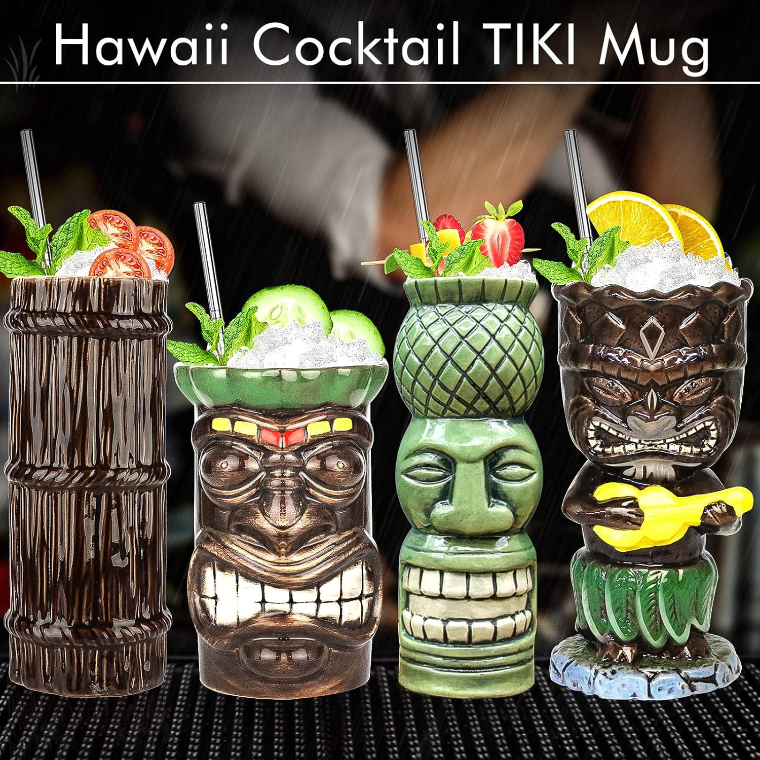 SuproBarware Tiki – Juego de 4 tazas de cerámica tropical, taza de cóctel hawaiano (juego de 4 piezas)