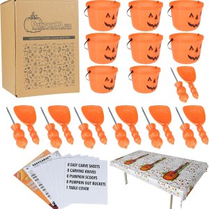Kit de fiesta de tallado de calabaza de Halloween, 8 cuchillos, cucharas, hojas de plantillas de bricolaje, cubos intestinales y cubierta de mesa, Kit de fiesta de tallado de calabaza de Halloween, 8 cuchillos, cucharas, hojas de plantillas de bricolaje, cubos intestinales y cubierta de mesa,