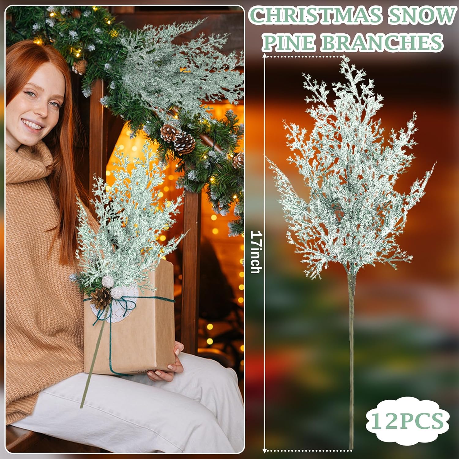 Yinder 12 ramas de pino artificial nevadas de 17 pulgadas esmerilado de cedro sintético en aerosoles de Navidad con tallos de pino, ramitas para