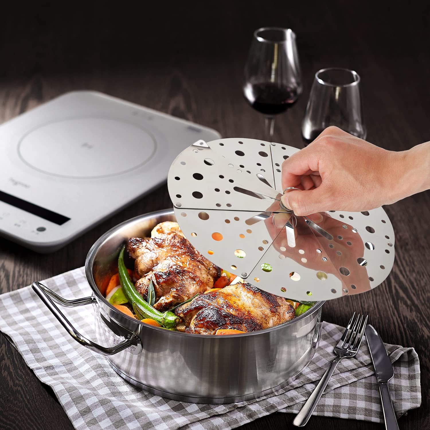Tapa ajustable de acero inoxidable de 5 a 9 pulgadas, tapa interior plegable para cocinar verduras, cesta de vapor plegable, cubierta japonesa