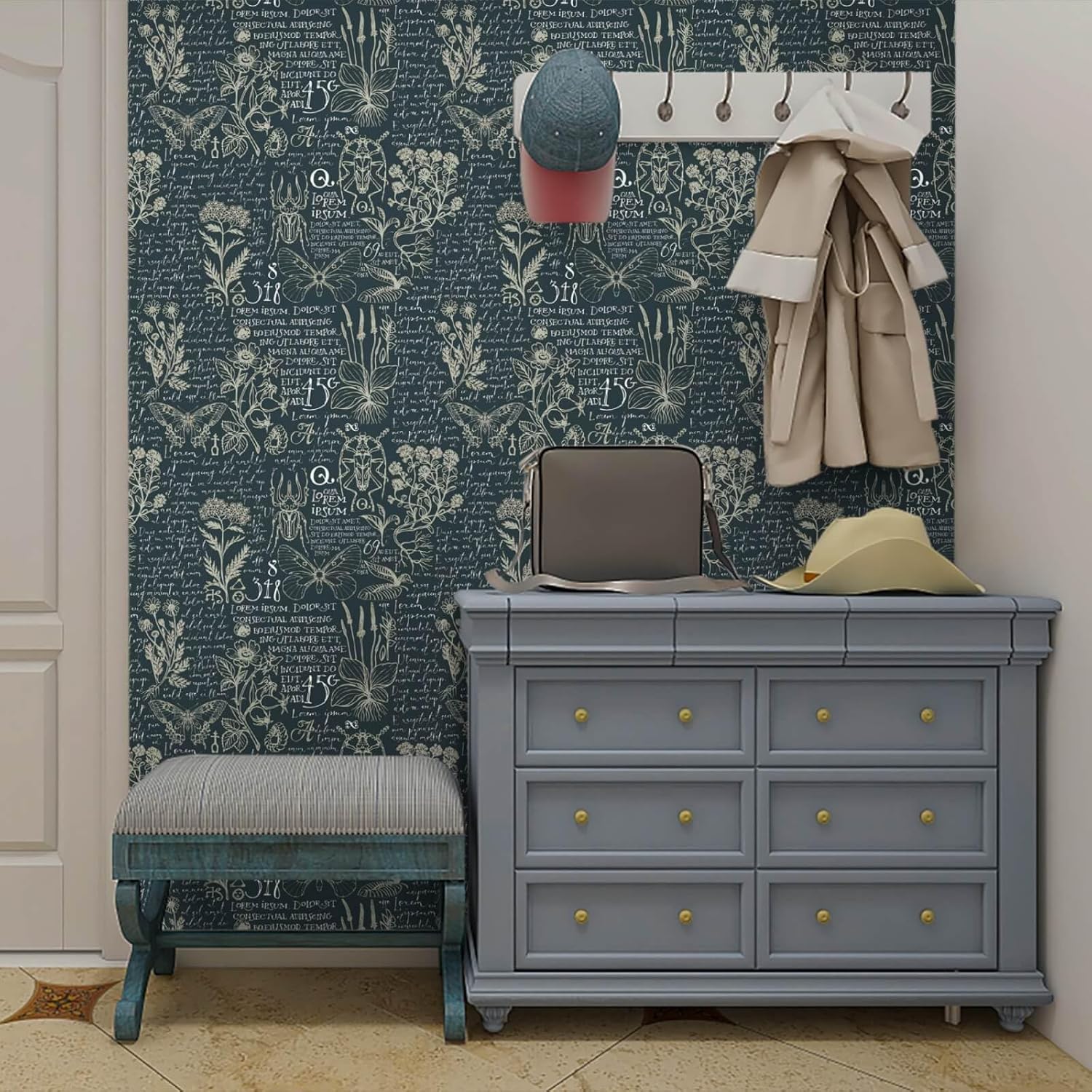 Heroad Papel tapiz bohemio de la marca para despegar y pegar, papel de contacto con hojas, mariposa, extraíble, azul oscuro, vintage, para