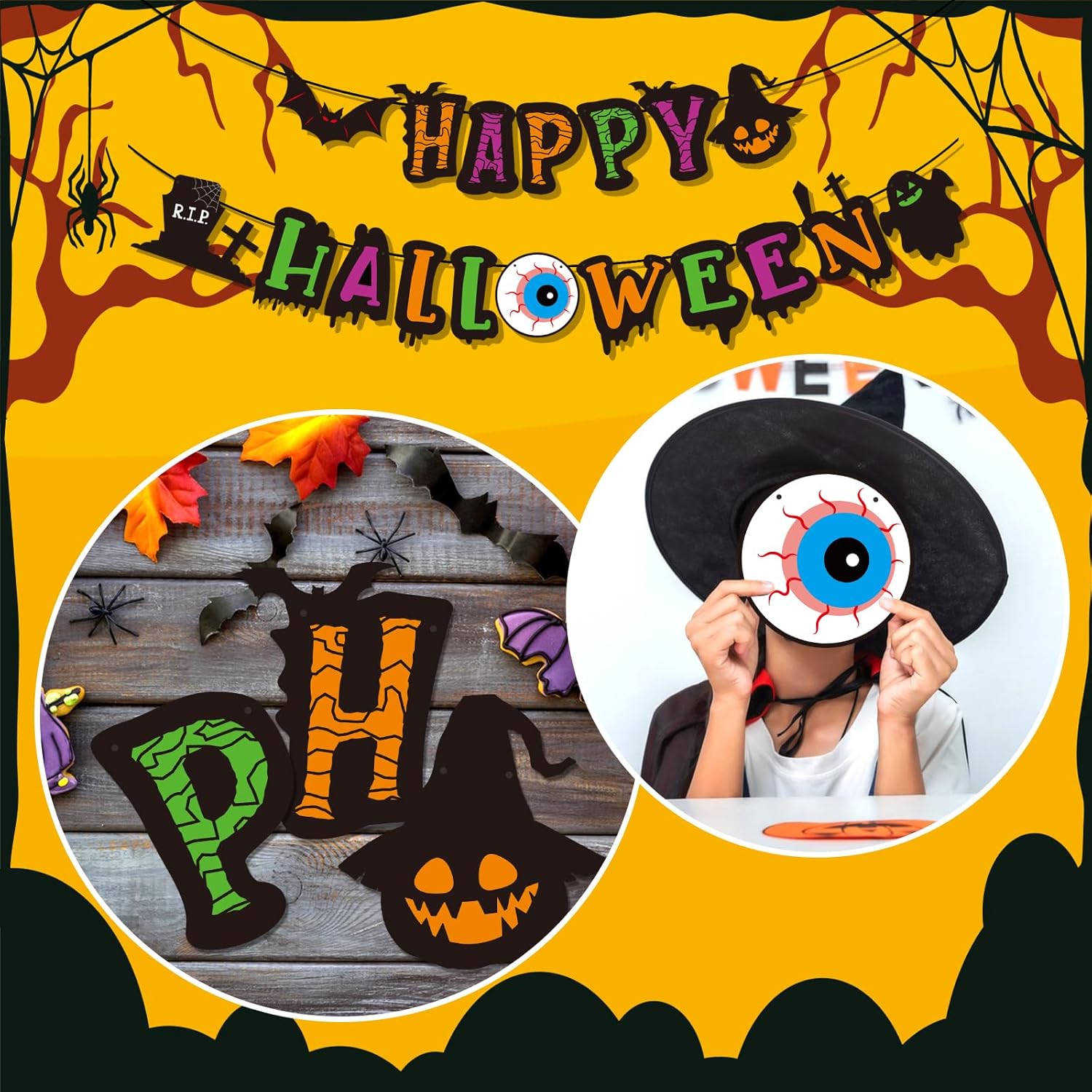 Cartel de Feliz Halloween para fiesta de cumpleaños, decoración de fiesta temática con murciélago y calabaza, casas embrujadas, puerta, hogar,