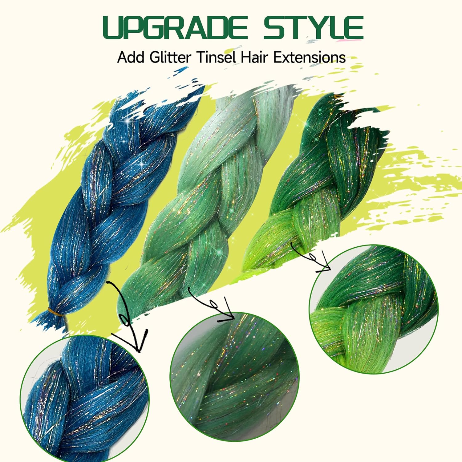 2 extensiones de cabello para trenzas, cabello trenzado ombré, extensión de cabello de oropel brillante, cabello trenzado de 24 pulgadas,