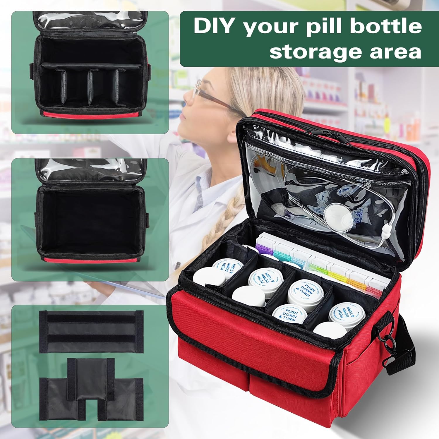 RONCHIL Bolsa de almacenamiento de medicamentos, organizador de botellas de píldoras con bolsa pequeña portátil para viaje, organizador de botellas