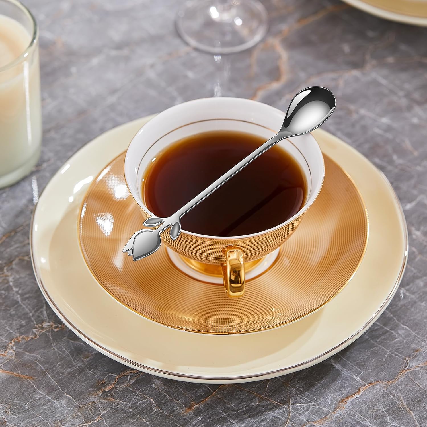 Juego de cucharas de café pequeñas plateadas con mango de tulipánrosa de 6 pulgadas, 12 piezas, acero inoxidable