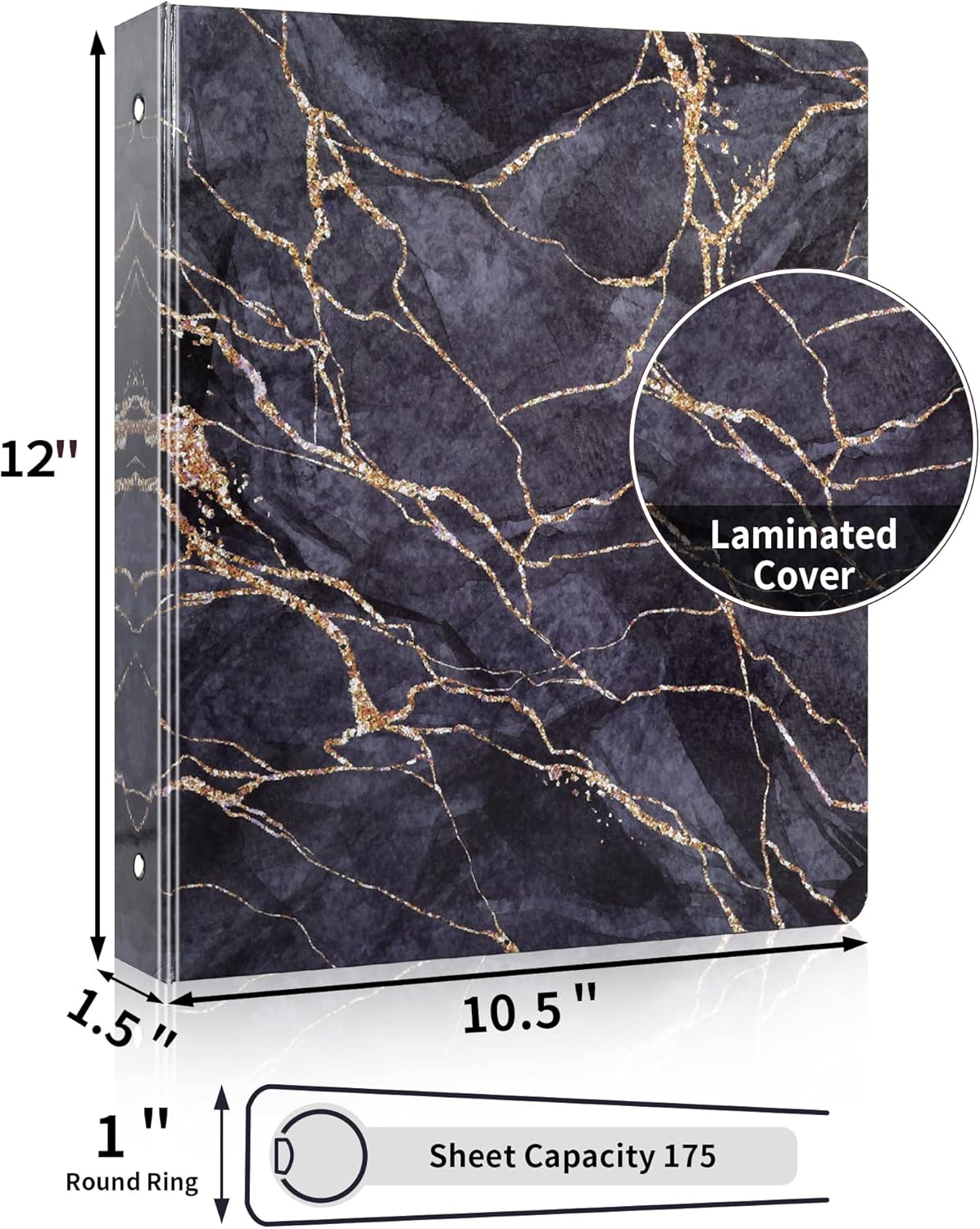 SUNEE – Carpeta de 3 anillos de 1 pulgada, bonita carpeta con 2 bolsillos, carpeta decorativa de tres anillos de mármol negro resistente (se ajusta