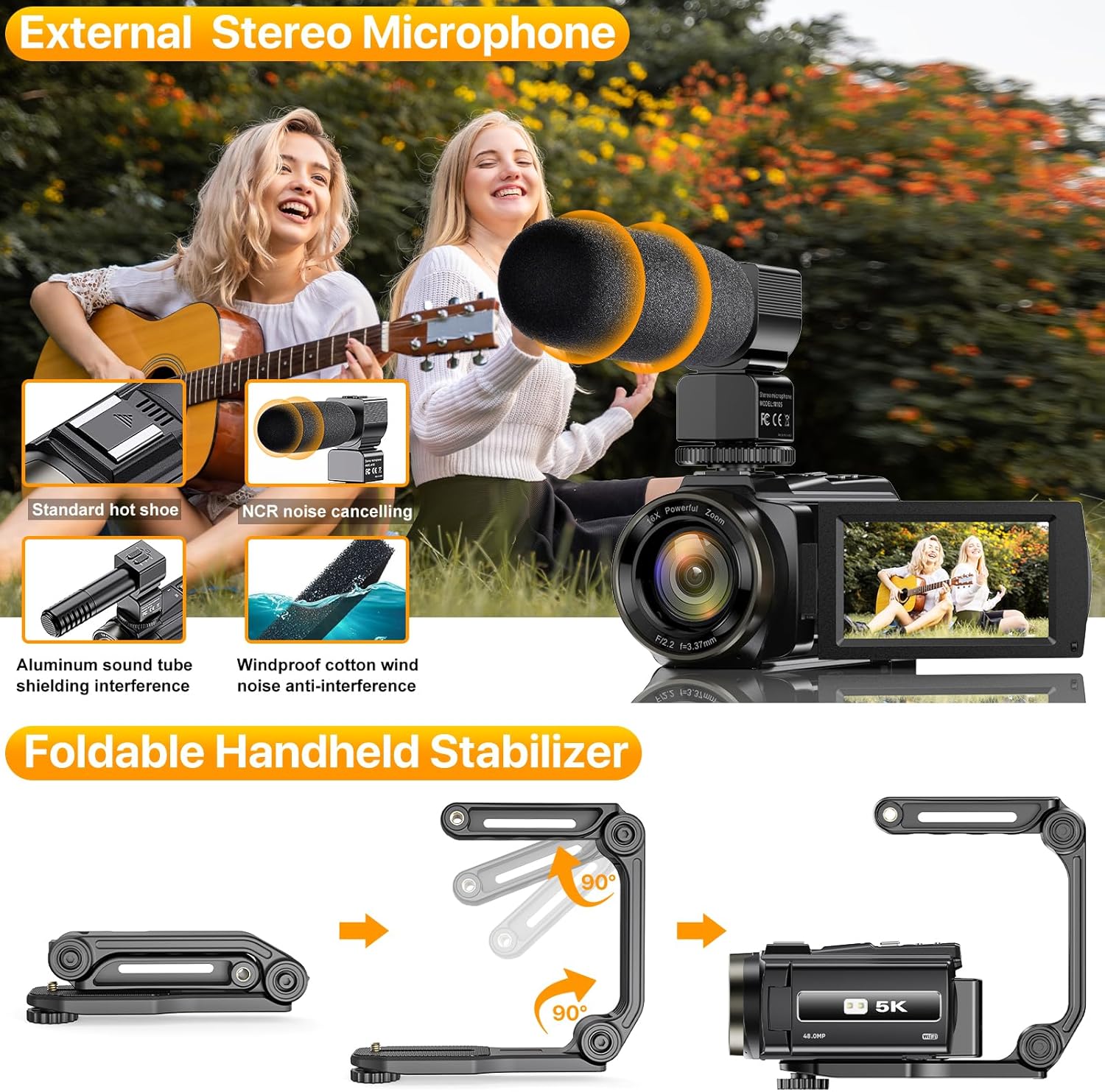 Cámara de video 5K 48MP UHD WiFi IR visión nocturna Vlogging Cámara para YouTube 16X Zoom digital 3 pulgadas Grabadora de cámara con micrófono,