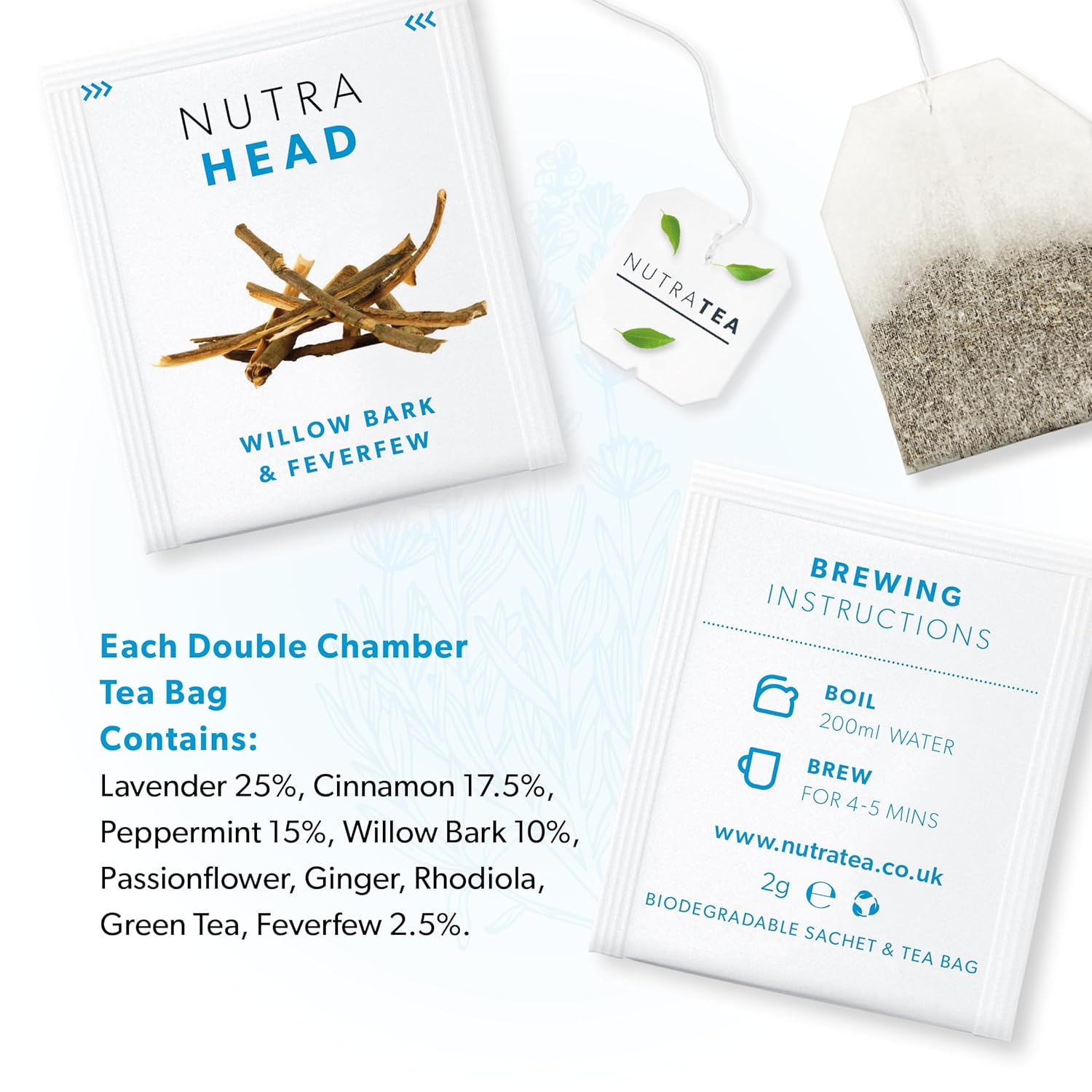 NUTRAHEAD – Té para aliviar la migraña  Té para aliviar el dolor de cabeza  para aliviar la migraña y la tensión  Incluye matricaria, corteza de