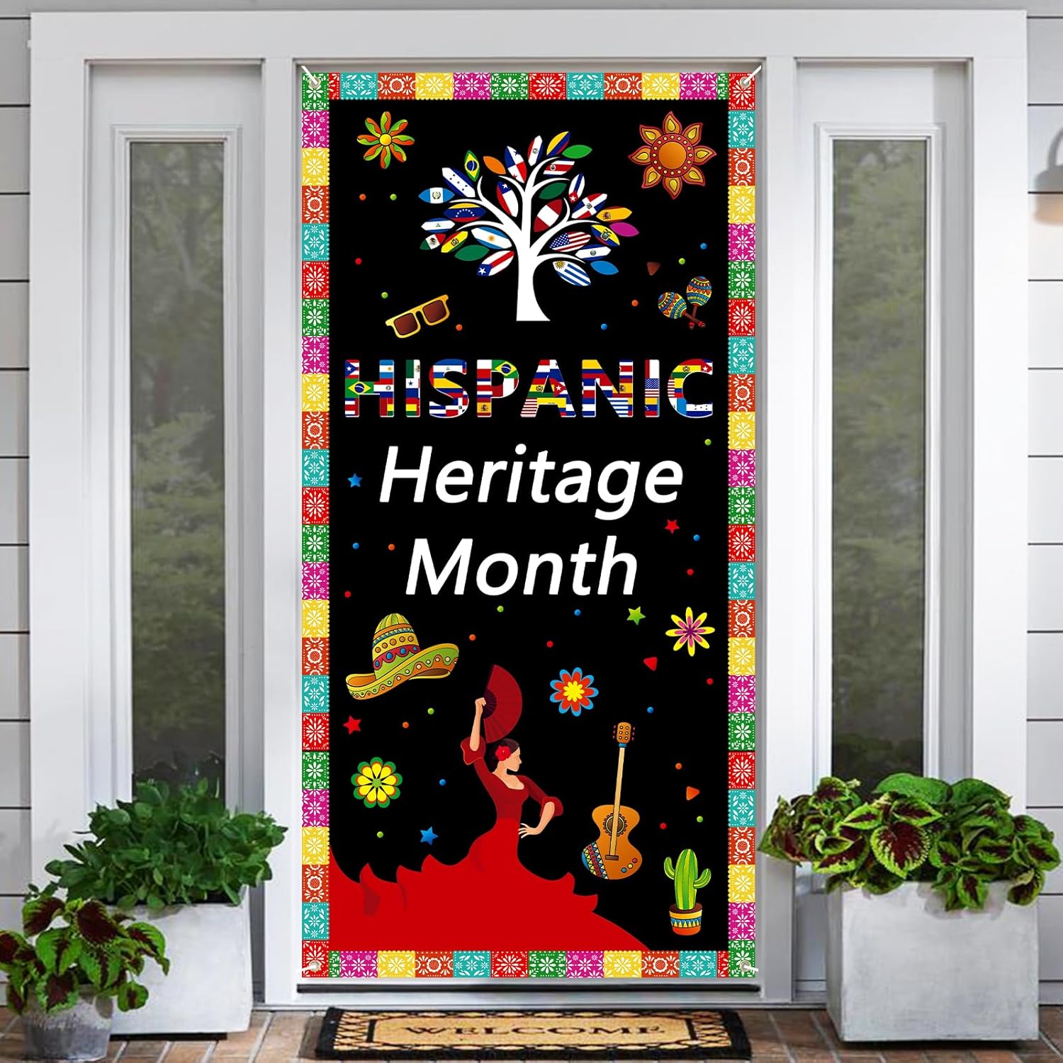 Arosche Decoración grande para puerta del mes de la herencia hispana, 6 x 2.9 pies, fondo colgante de condados de habla hispana latina para