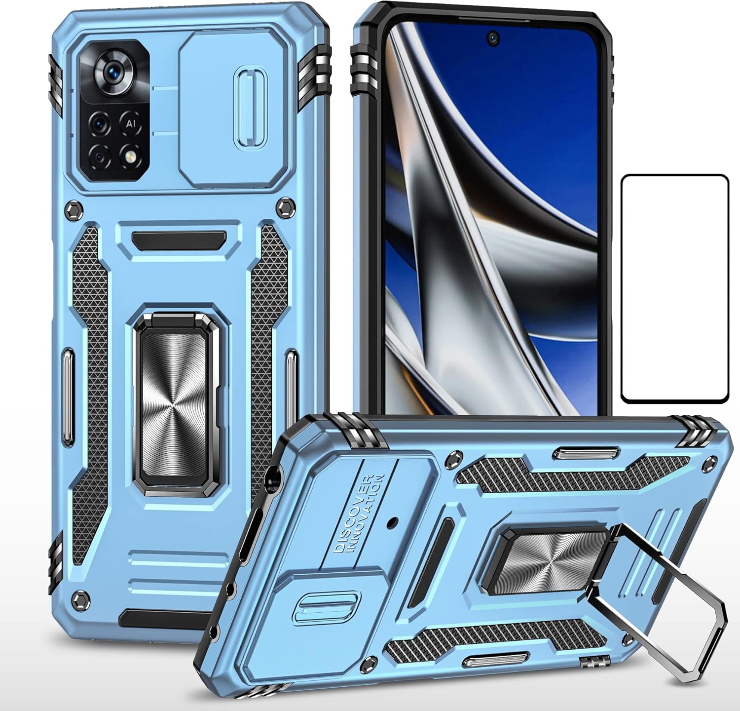 Funda para XiaoMi Poco X4 Pro 5G con protector de pantalla para lente deslizante para cámara, resistente funda protectora militar resistente para
