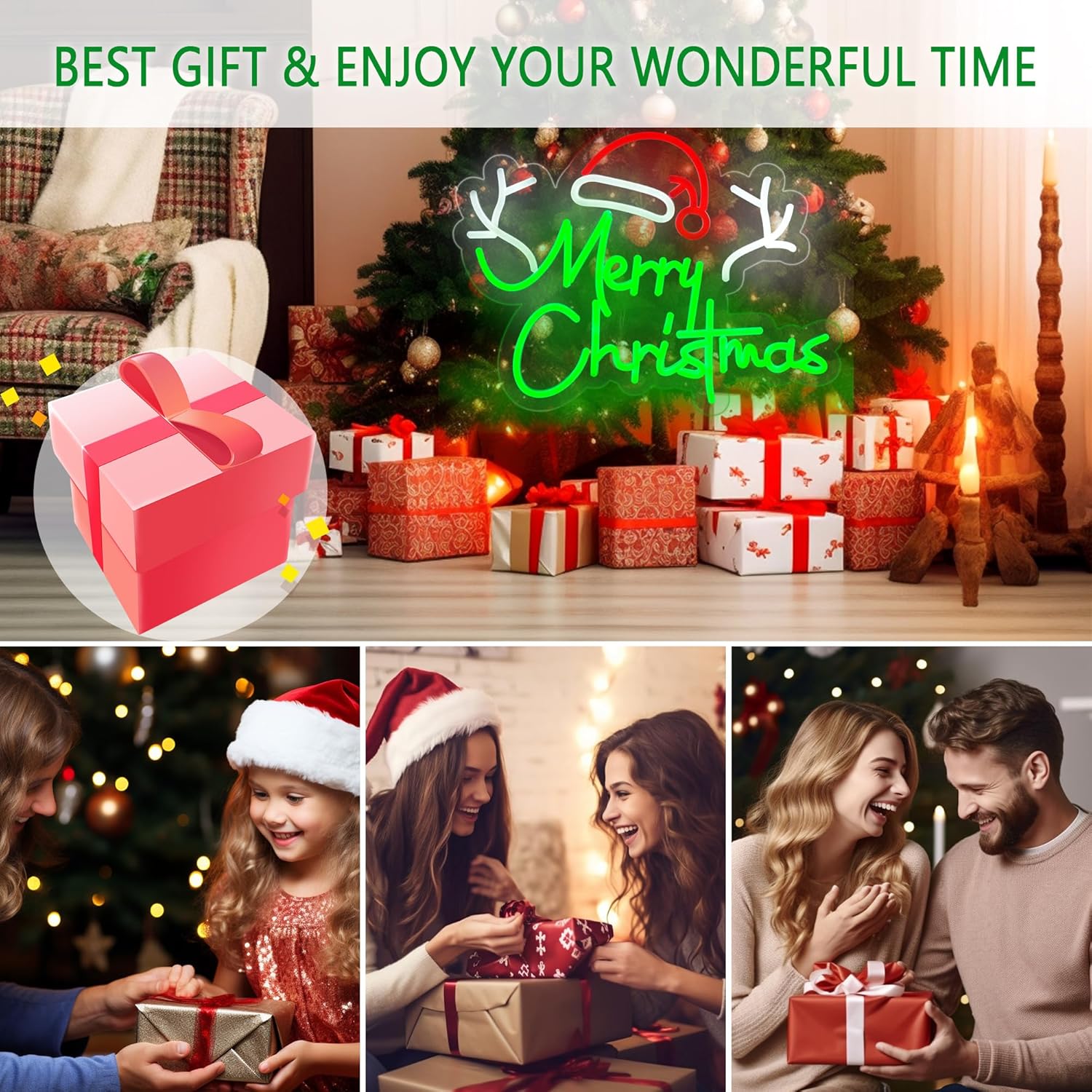Letrero de neón de Navidad, luces de Navidad verdes, Papá Noel alimentado por USB, árbol de neón de Navidad, ciervomuñeco de nieve, decoración de