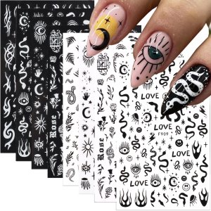 10 hojas de calcomanías de uñas góticas 3D, autoadhesivas, diseño de estrellas, luna y serpiente, decoración de uñas para mujeres, consejos de 10 hojas de calcomanías de uñas góticas 3D, autoadhesivas, diseño de estrellas, luna y serpiente, decoración de uñas para mujeres, consejos de