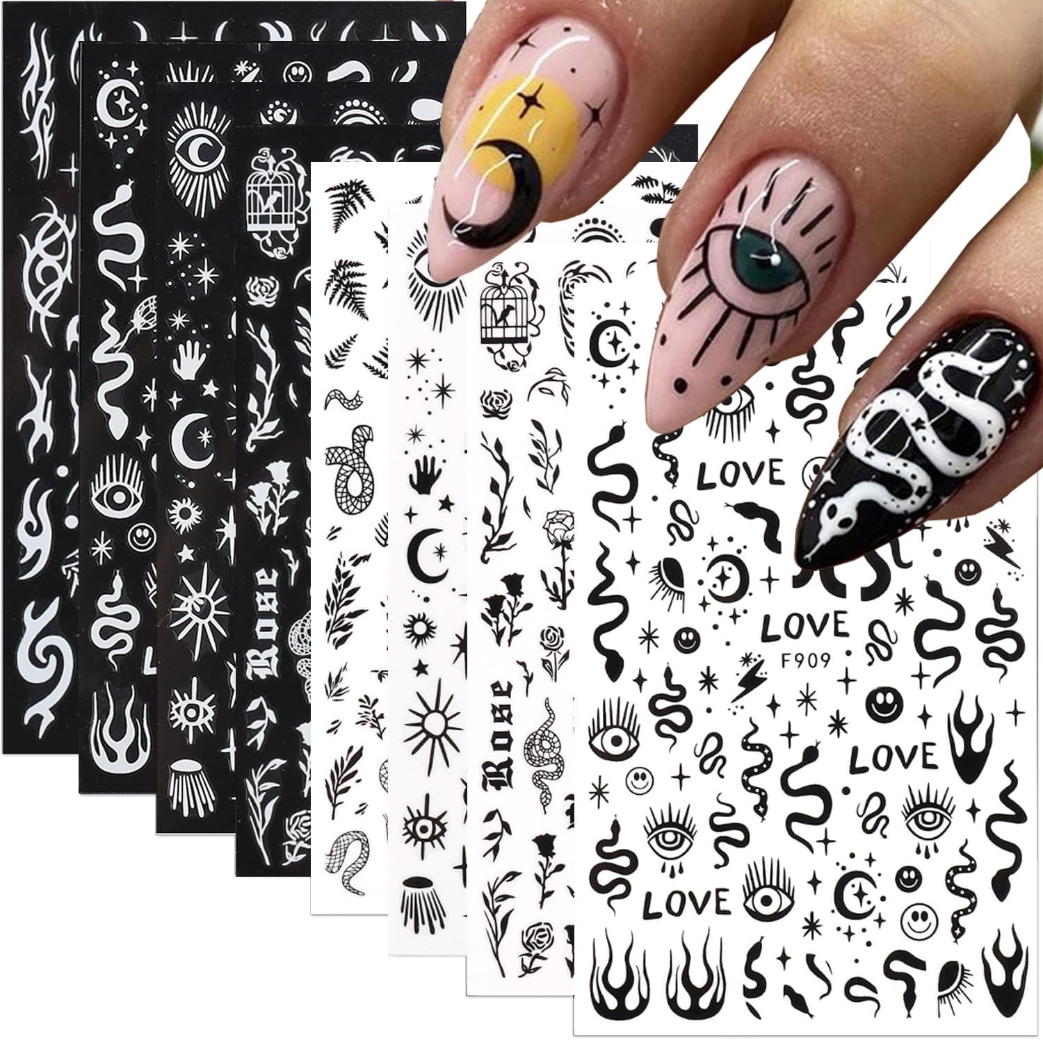 10 hojas de calcomanías de uñas góticas 3D, autoadhesivas, diseño de estrellas, luna y serpiente, decoración de uñas para mujeres, consejos de