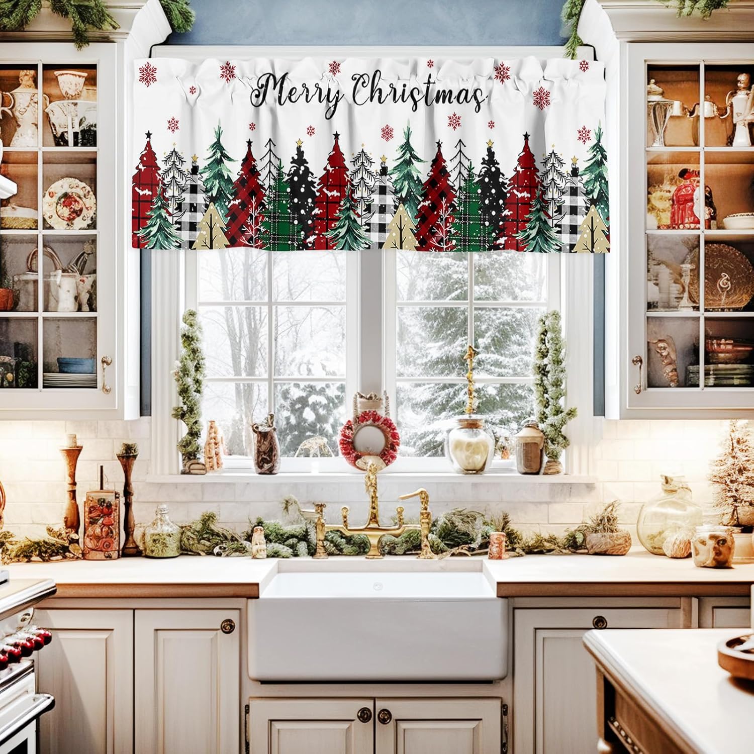 Cortinas de cenefas de Feliz Navidad para cocina, rojo, verde, negro, búfalo, árbol de Navidad, copos de nieve, cenefa de cocina blanca, cortinas