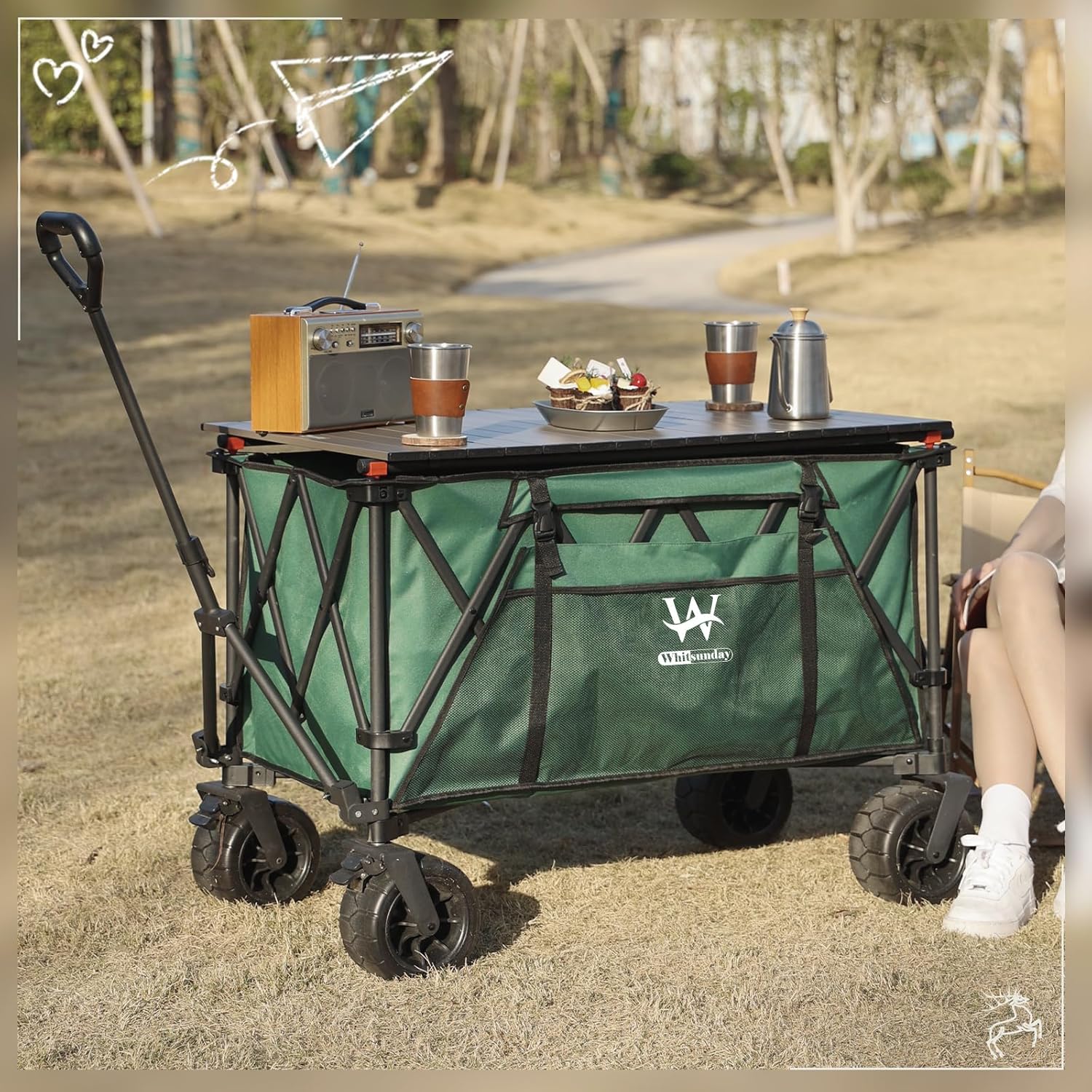 Whitsunday Plegable plegable resistente plegable utilitario camping parque Moko Wagon carro con placa de mesa de aluminio (verde-TB)
