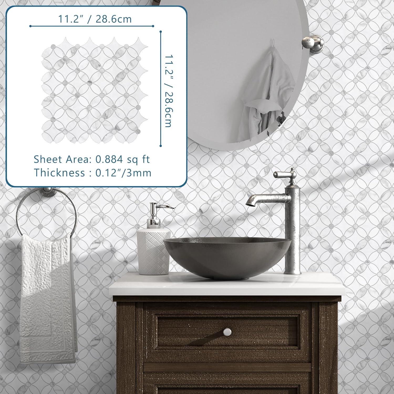 SUNWINGS Azulejos autoadhesivos de 10 hojas para salpicadero con chorro de agua, paneles de pared de mármol blanco, para cocina, baño, chimenea