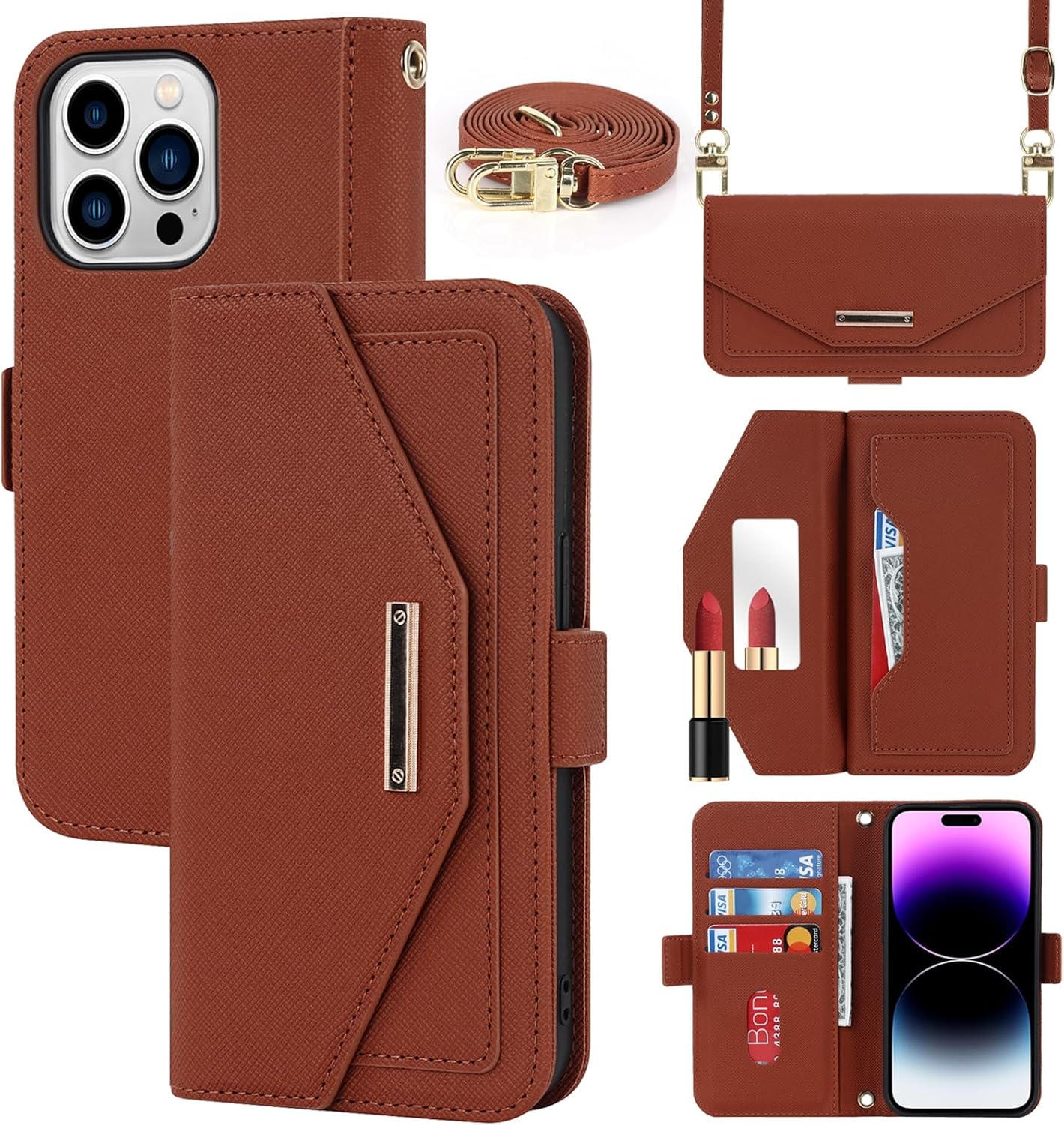 Jaorty Funda tipo cartera cruzada para iPhone 15 Pro Max con correa de cordón ajustable, soporte para tarjetas de crédito de 6.7 pulgadas, bolso de