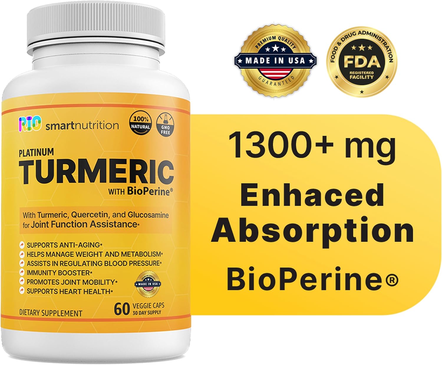 Rio Suplemento de cúrcuma platino con BioPerine con quercetina y glucosamina para asistencia de la función articular – Retención de memoria –