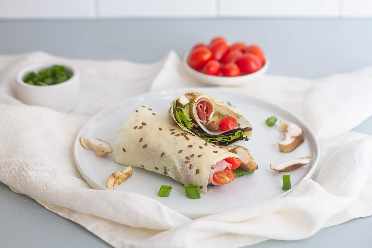 Norigami Envolturas de huevo con proteína de soja, semillas de lino. Altas proteínas, bajas en carbohidratos, vegetarianas. Envolturas finas y