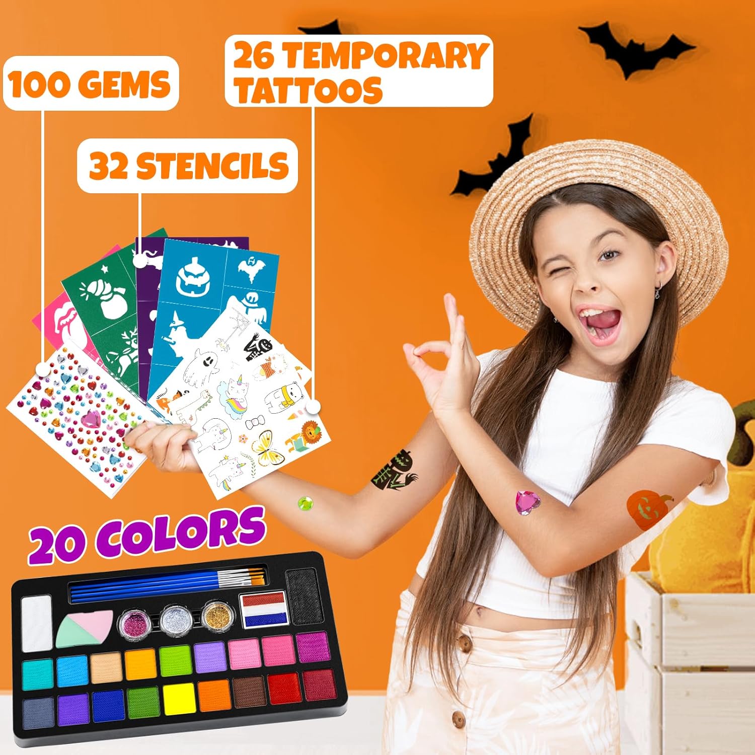 Drawdart Kit de pintura facial para niños, kit de pintura facial no tóxica a base de agua, 20 colores, pintura facial profesional para niños con