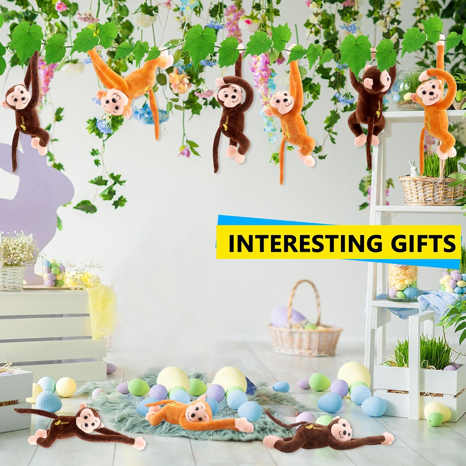 Paquete de 6 juguetes de peluche de mono colgante de 18 pulgadas, lindo mono de peluche suave para colgar, juguetes de peluche realistas para
