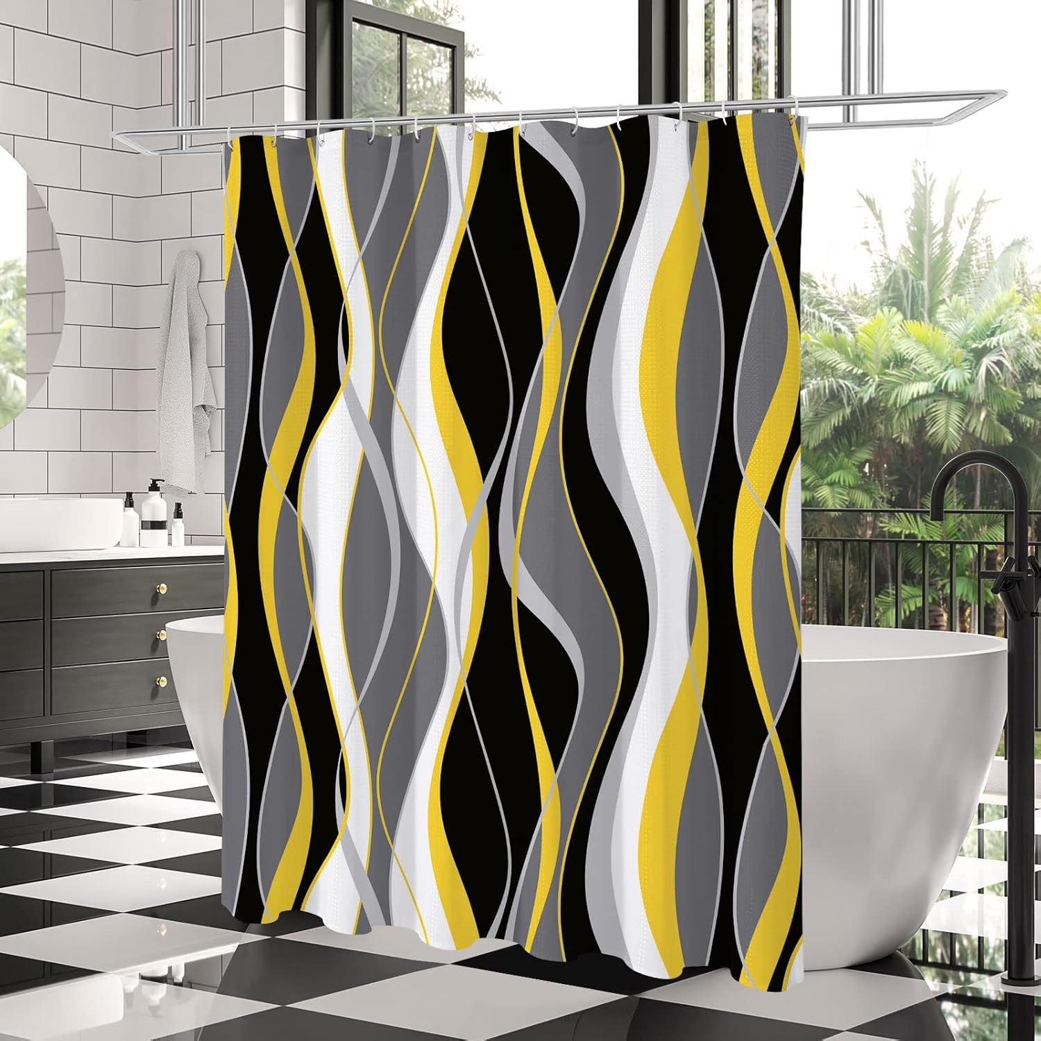 Gibelle Cortina de ducha negra y amarilla, accesorios de decoración de baño abstractos modernos grises y amarillos, juego de cortina de ducha de