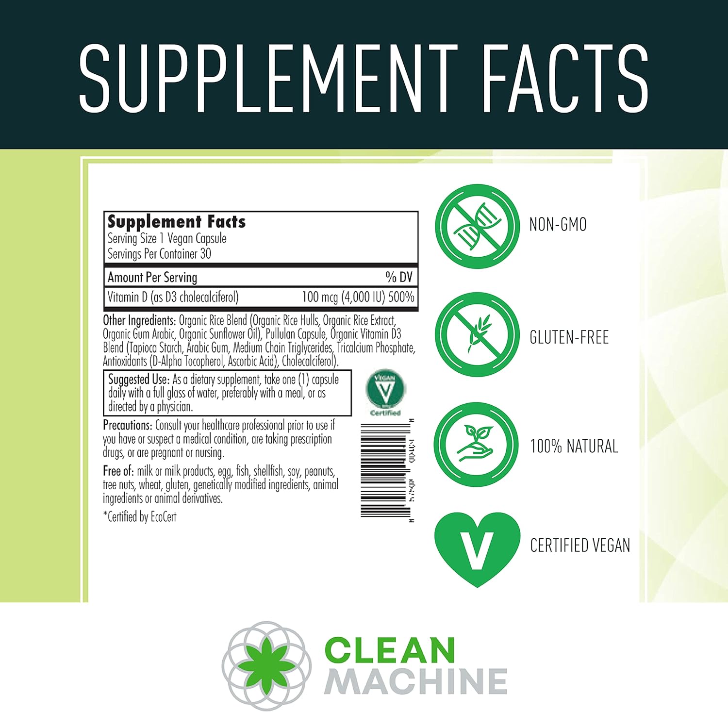 CLEAN MACHINE Vitamina D3 vegana certificada a base de plantas 4000 UI por píldora – Suplemento natural D3 para una salud óptima – Certificado