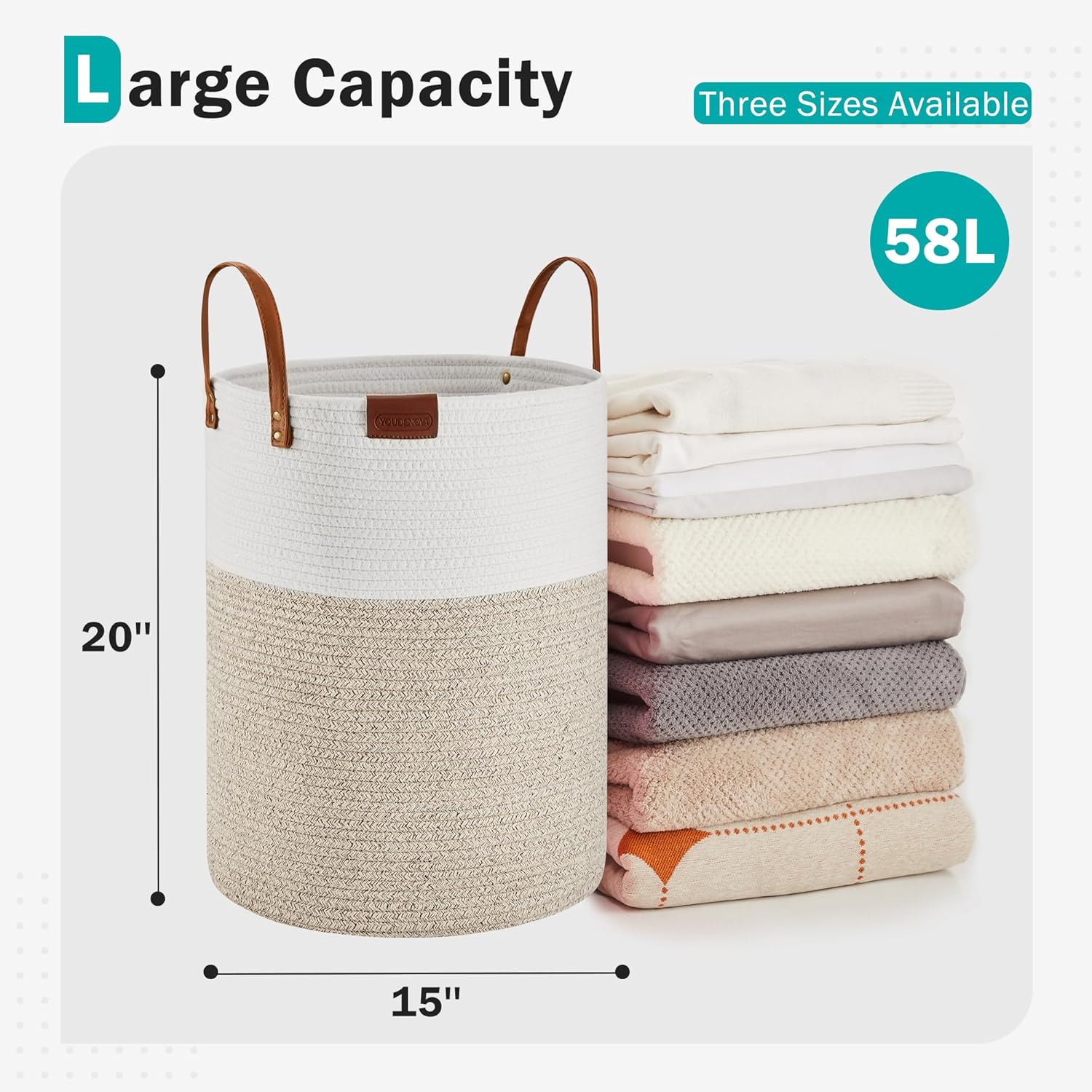 Cesta de cuerda de algodón para la ropa sucia, 58 litros, plegable, cesta de almacenamiento de ropa para mantas, organización de lavandería,