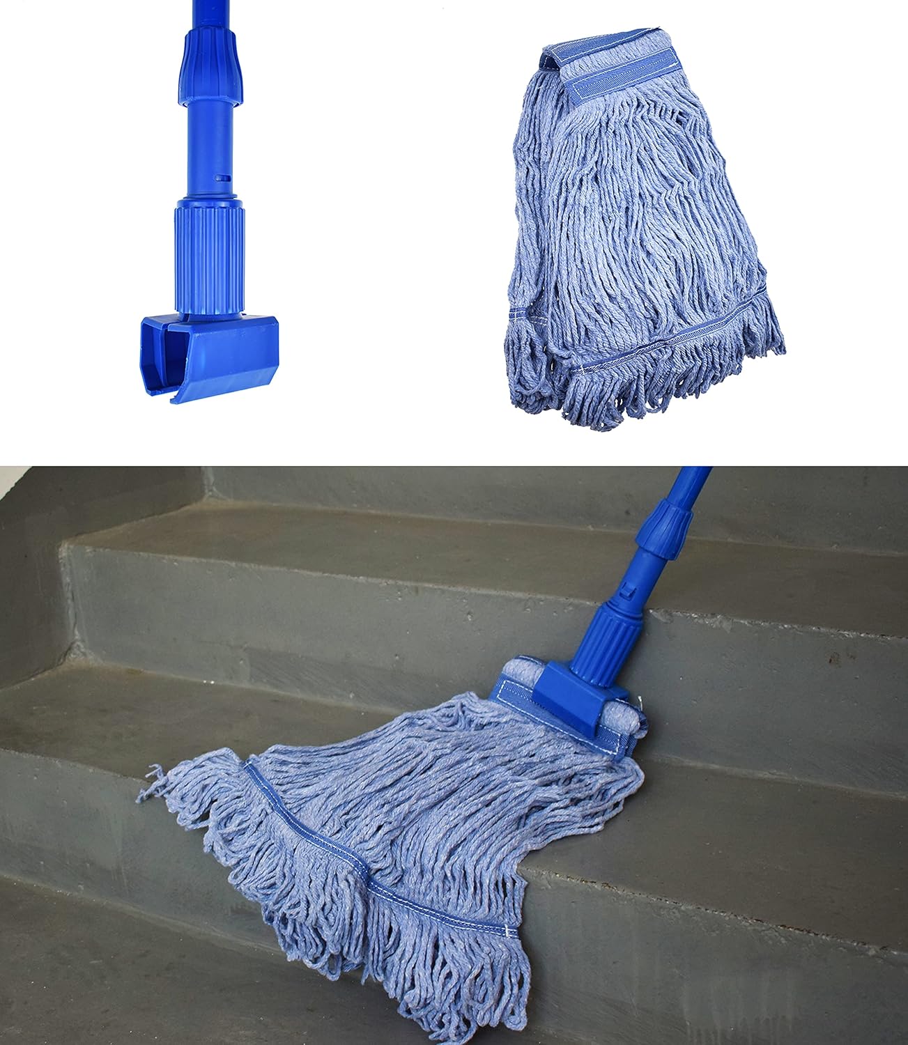 Cabezal de repuesto para fregona comercial, resistente, color azul, para 3 tipos de mango de trapeador comercial (1, grande)