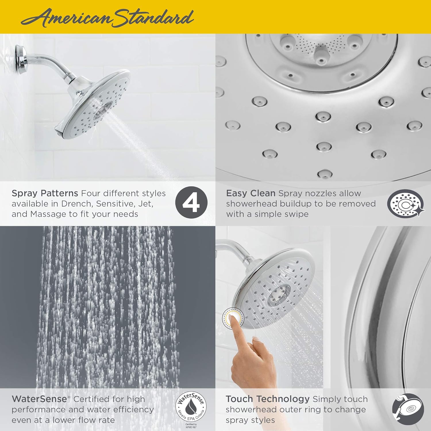 American Standard 9035374.295 Spectra+ Touch – Cabezal de ducha de 4 funciones, 2.5 GPM, níquel cepillado