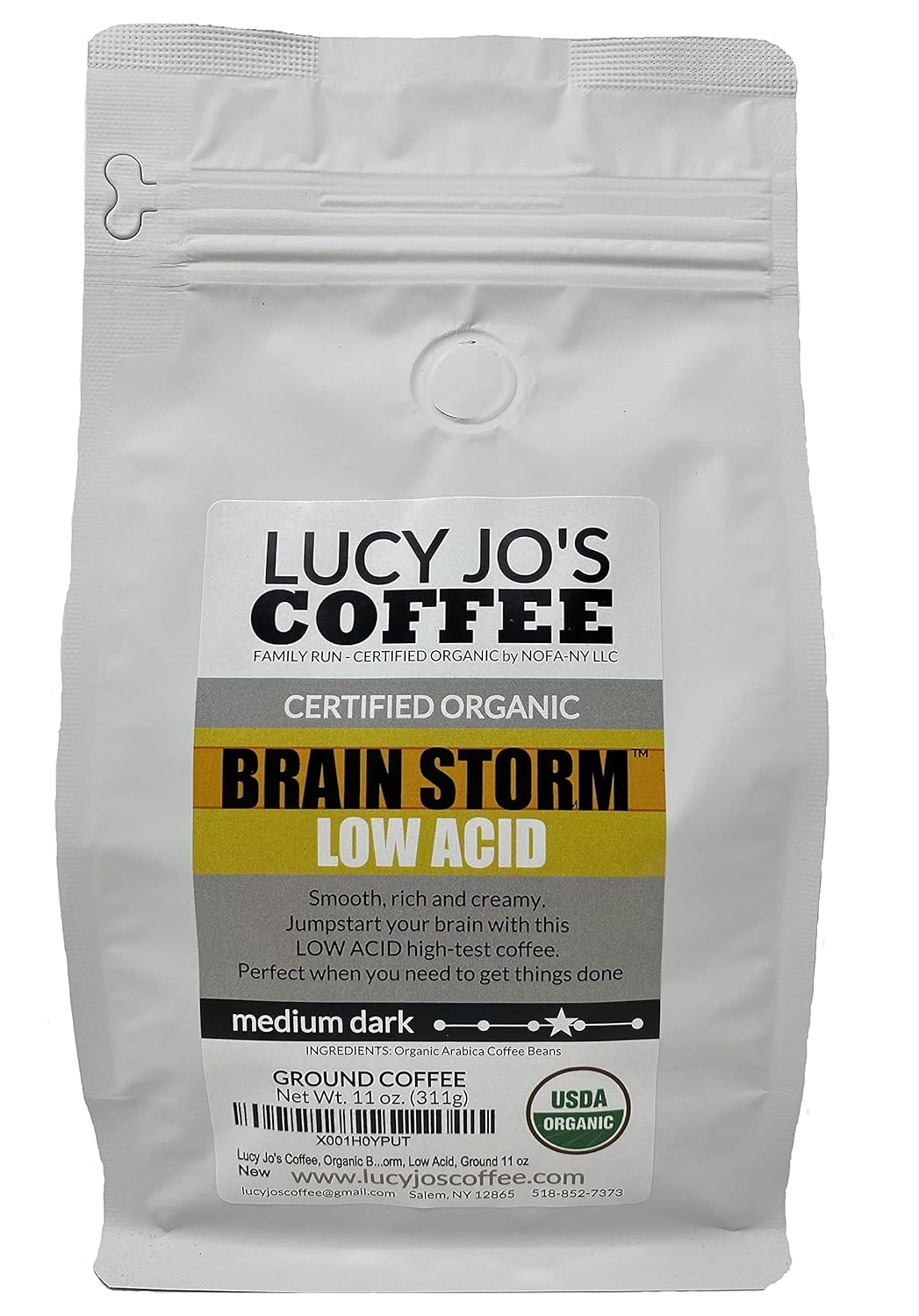 Lucy Jo’s Coffee, Brainstorm Orgánico, tostado medio oscuro, bajo en ácido, molido 11 oz