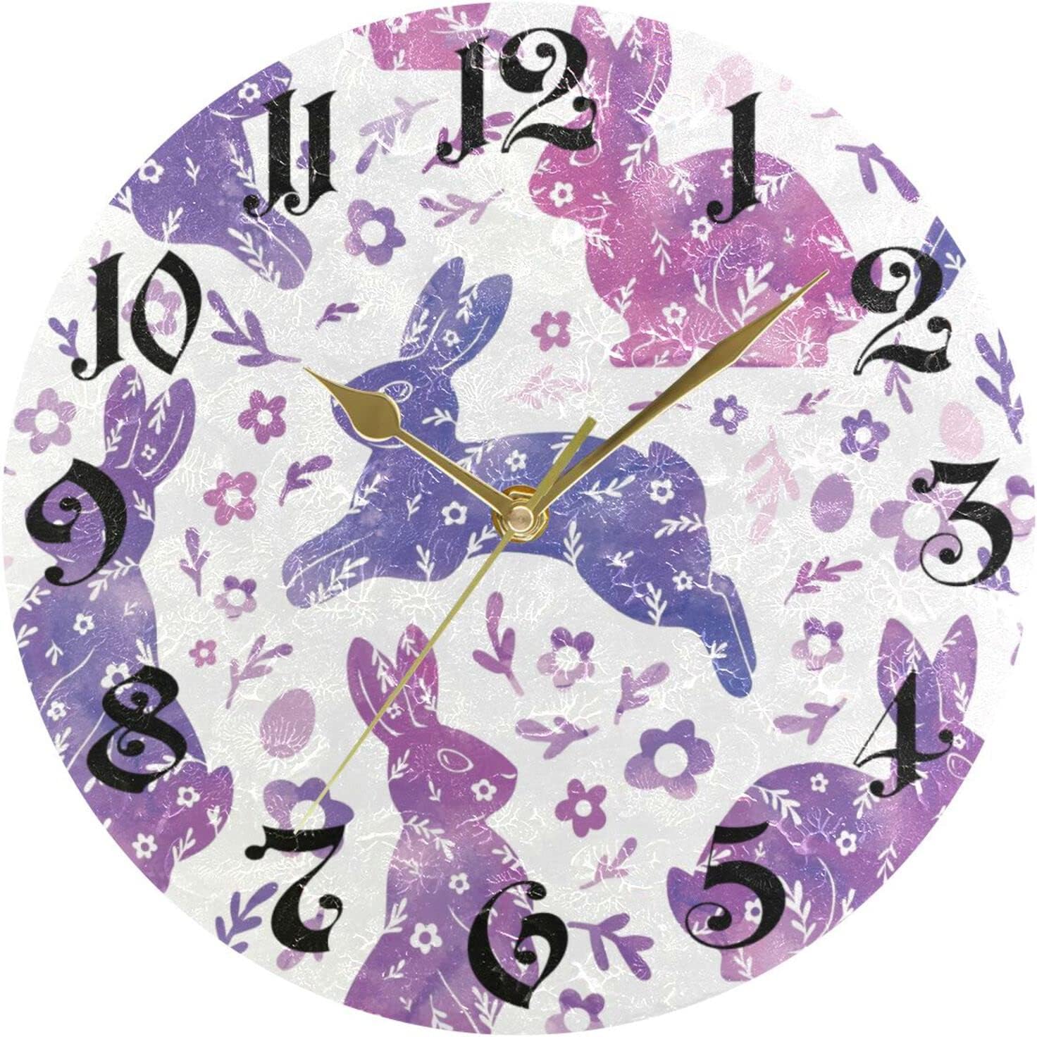 ZOEO Reloj de pared redondo de 10 pulgadas, silencioso, sin tictac, reloj de pared con conejito morado, funciona con pilas, para decoración de sala