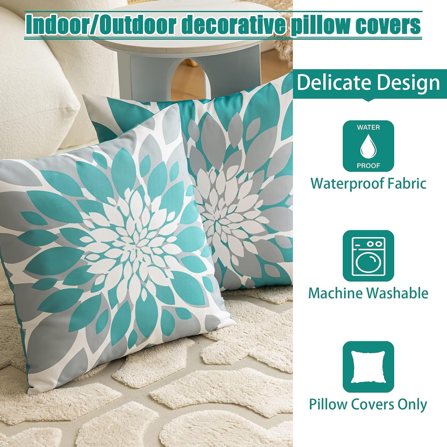Qahing Paquete de 4 fundas de almohada impermeables para exteriores de 16 x 16 pulgadas, decorativas, cuadradas, para jardín, muebles de patio,