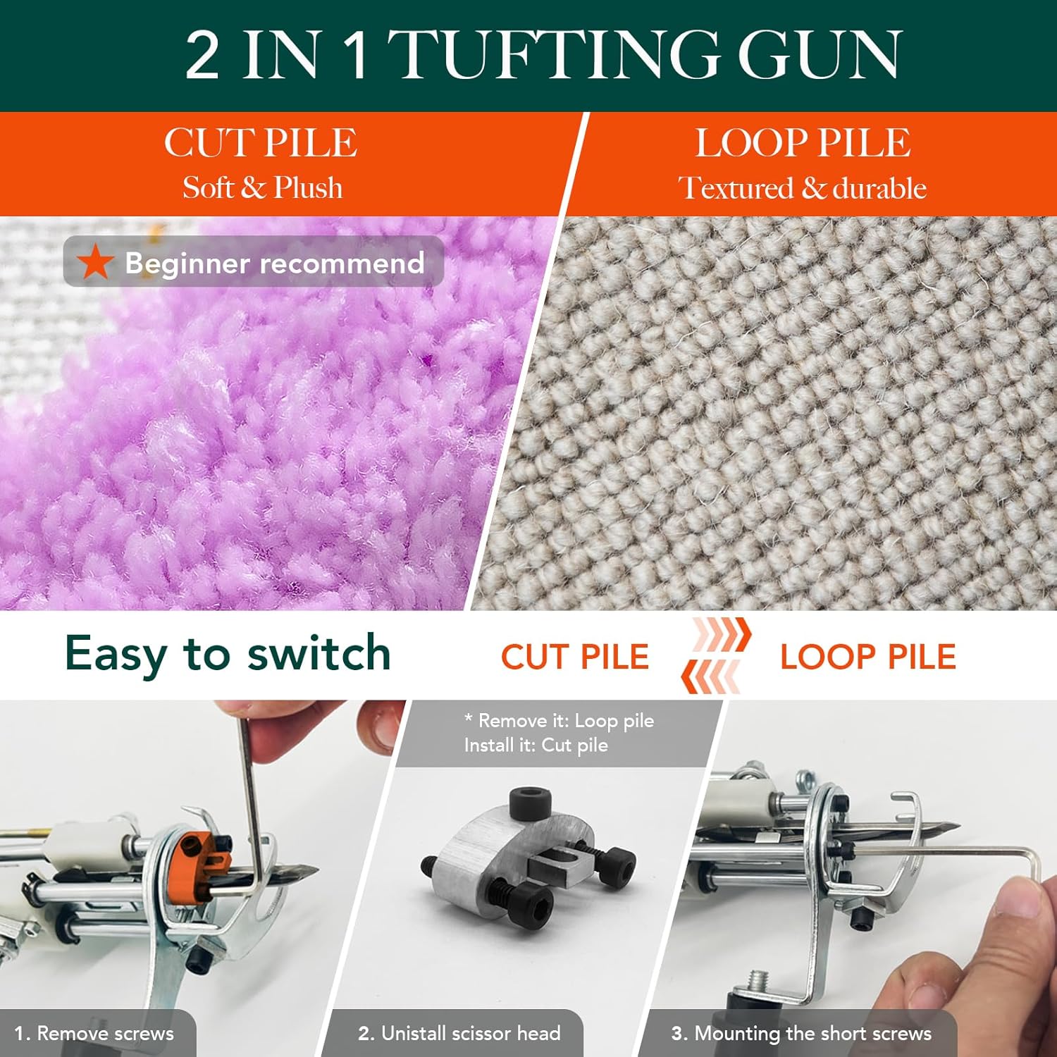Pistola de tufting, kit de iniciación de alfombra de pelo de pelo 2 en 1, kit de iniciación de alfombra, pistola eléctrica para acolchonar, máquina