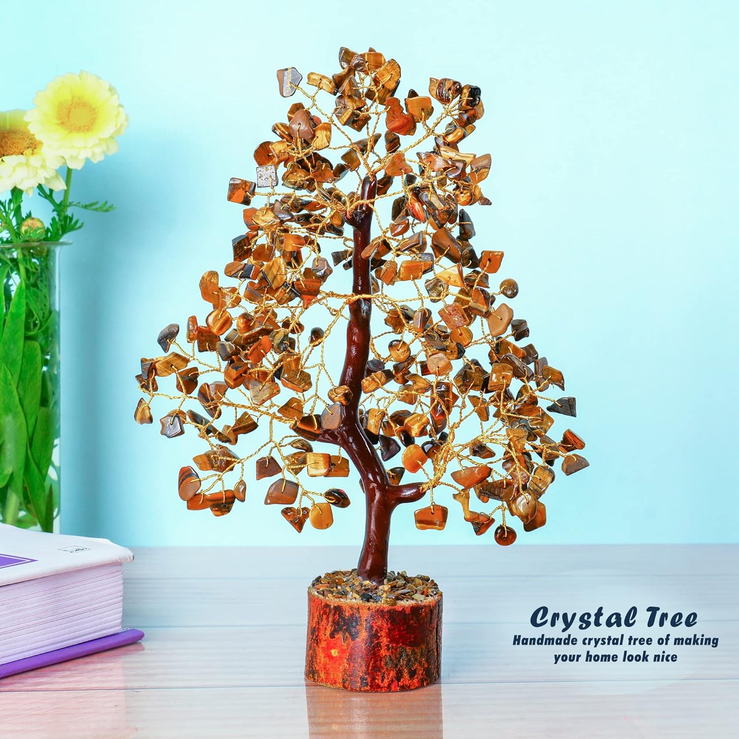 YATHABI Cristal de ojo de tigre  Árbol de gemas  Árbol bonsái de piedra  Árbol de dinero de buena suerte  Piedra de chakras  Árbol espiritual  Árbol