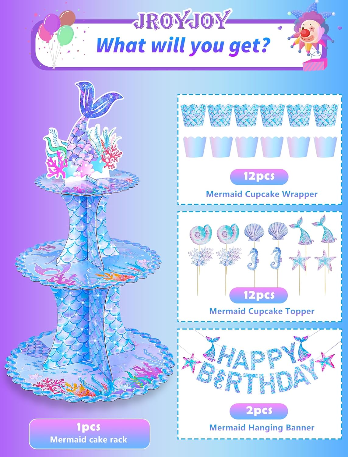 JroyJoy Soporte para cupcakes de sirena, 3 niveles con decoración de tartas y envoltorios de cupcakes y juego de pancartas de feliz cumpleaños,