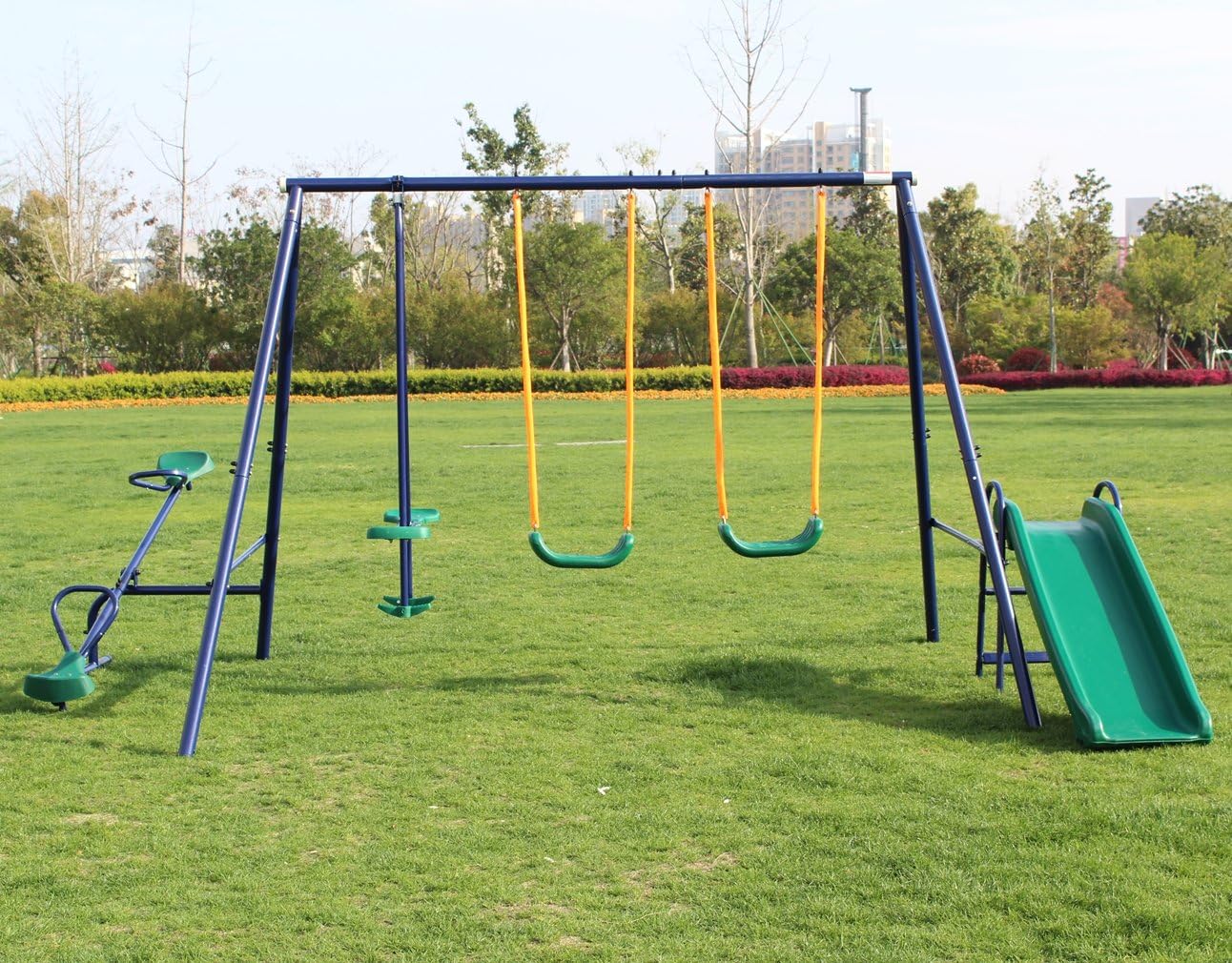 Juegos de columpios de metal para patio trasero con asientos de columpio, deslizador, Teeter-Totter y columpio deslizante, juego de columpios para
