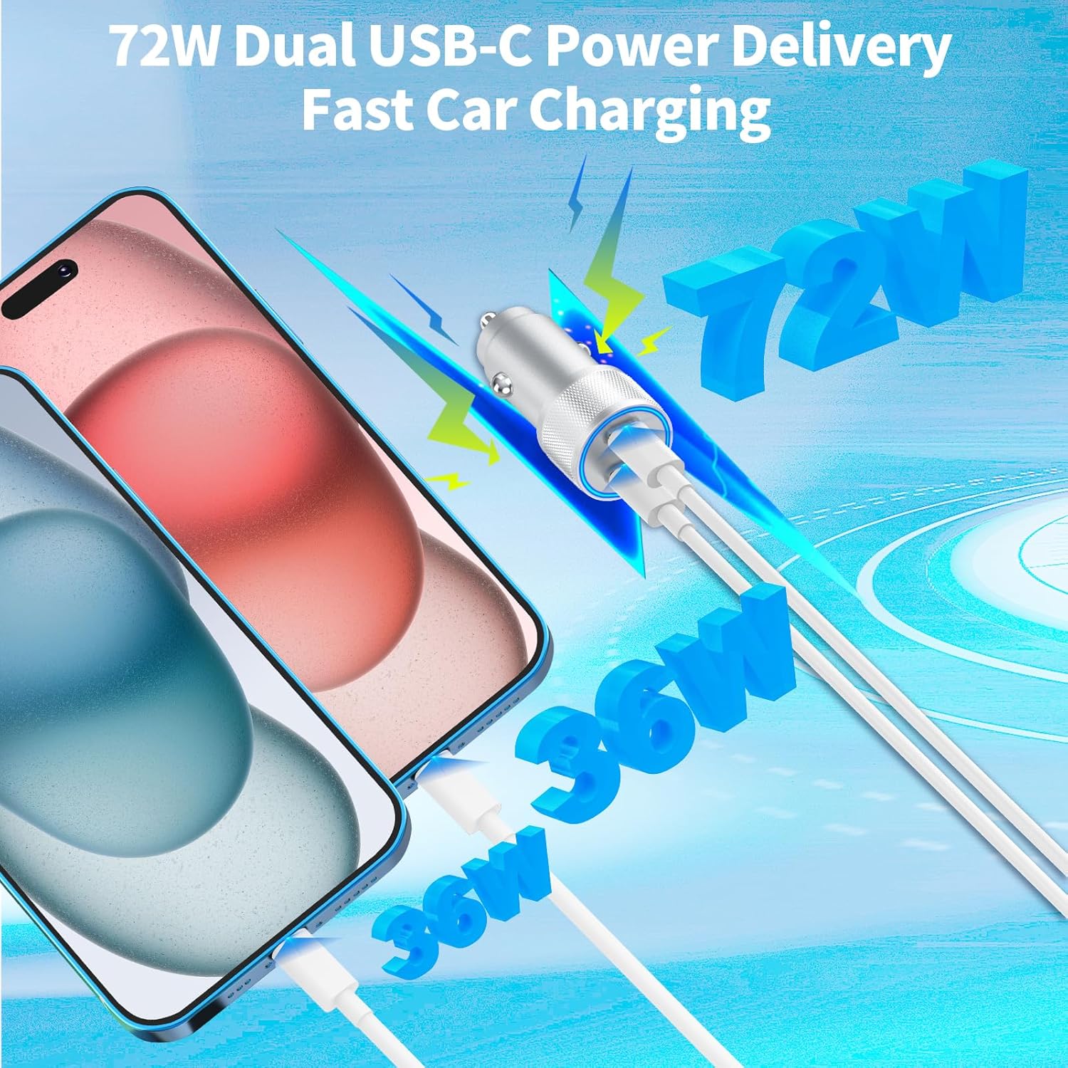 MFi CertifiediPhone 15 Car Charger Fast Charging, Linocell 72W Dual USB-C Power Cigarette Lighter PD Car Charger Adapter+2Pack Type-C to Type-C
